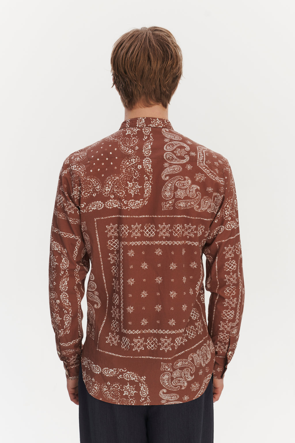 Zen Grandad Collar Shirt in a Rusty Chestnut Airy Bandana Print Italian Cotton