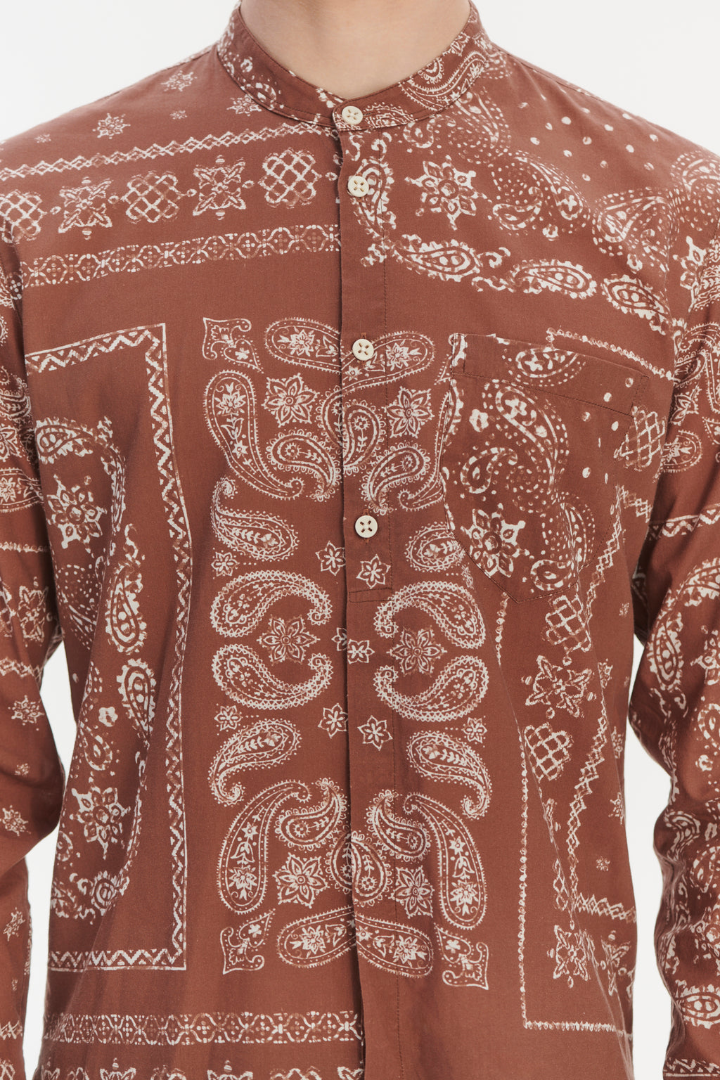 Zen Grandad Collar Shirt in a Rusty Chestnut Airy Bandana Print Italian Cotton