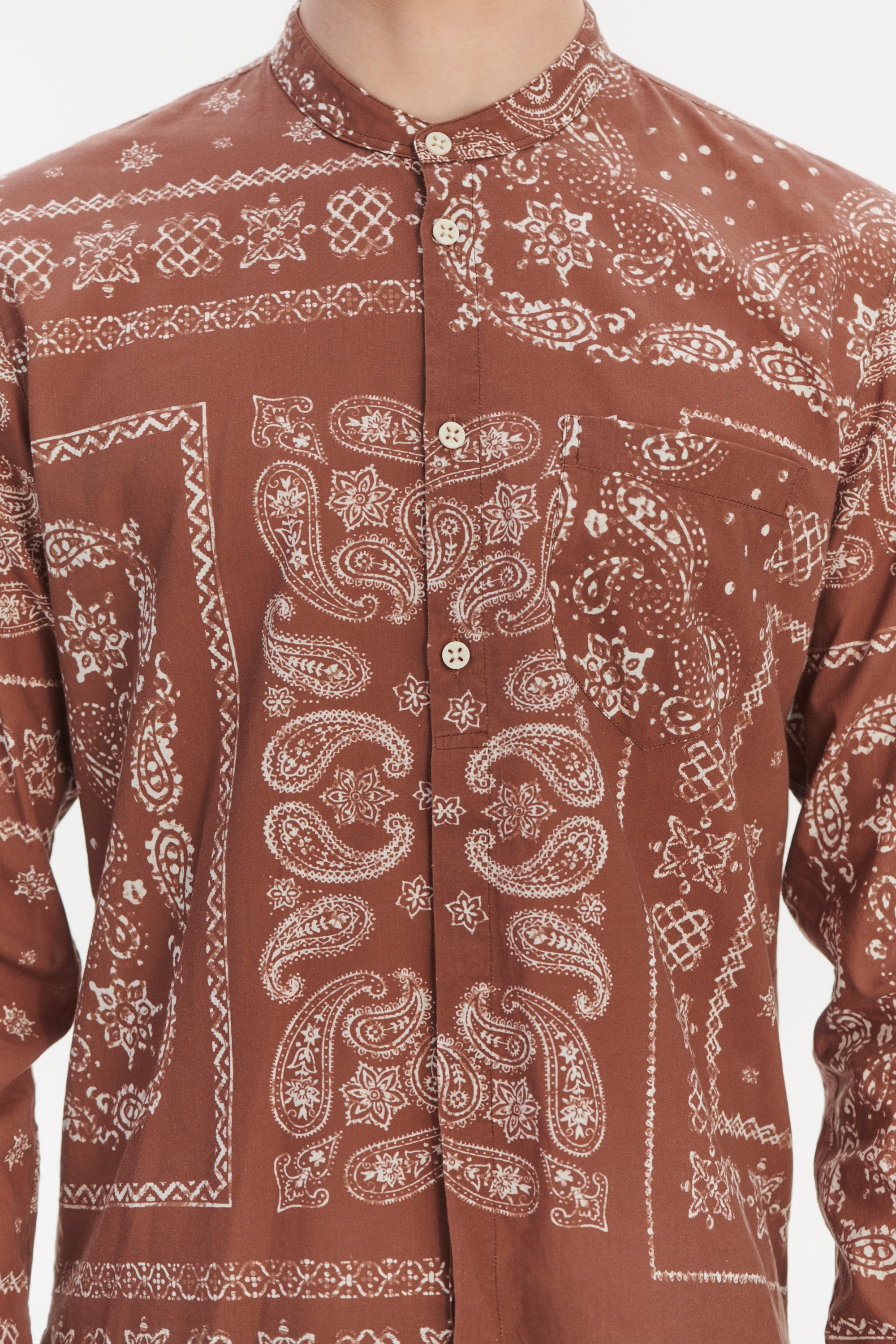 Zen Grandad Collar Shirt in a Rusty Chestnut Airy Bandana Print Italian Cotton