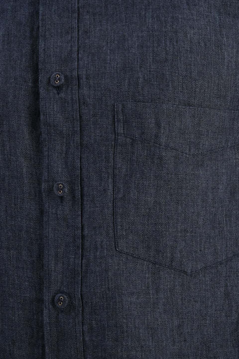 Relaxed Fit Delft Shirt in a Navy Blue Micro Herringbone Linen