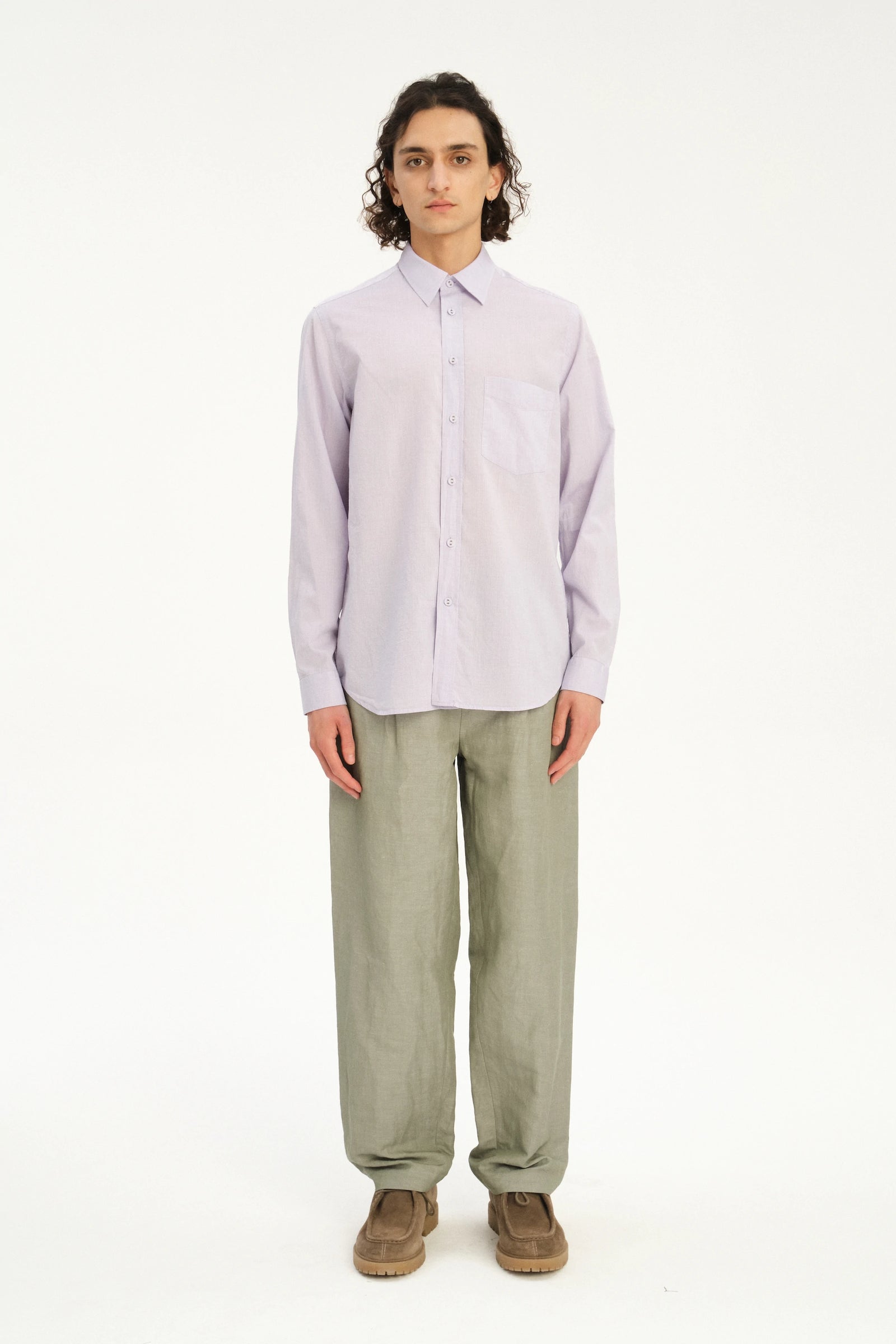 Relaxed Fit Delft Shirt in a Lavender Soft Italian Cotton and Fabric Covered Buttons