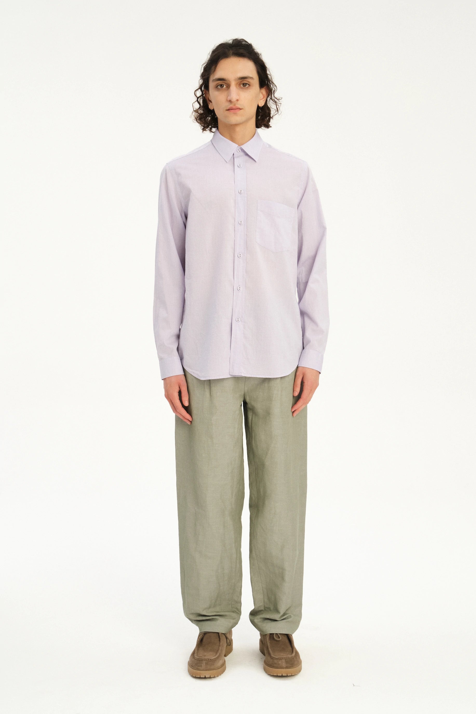 Relaxed Fit Delft Shirt in a Lavender Soft Italian Cotton and Fabric Covered Buttons
