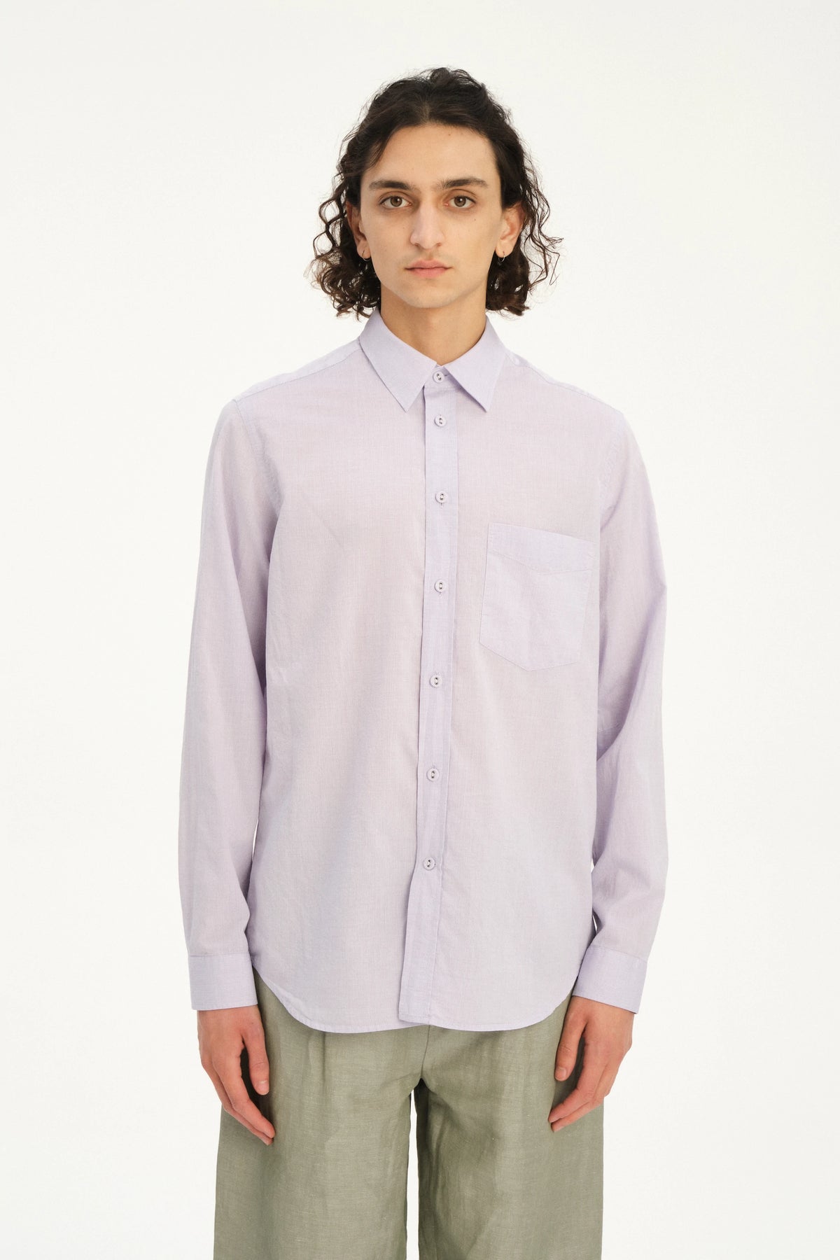Relaxed Fit Delft Shirt in a Lavender Soft Italian Cotton and Fabric Covered Buttons