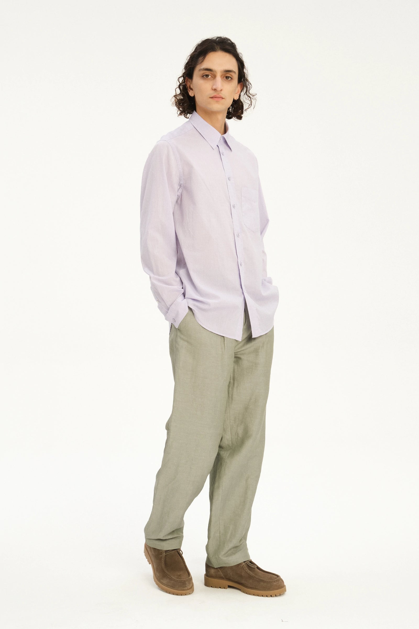 Relaxed Fit Delft Shirt in a Lavender Soft Italian Cotton and Fabric Covered Buttons
