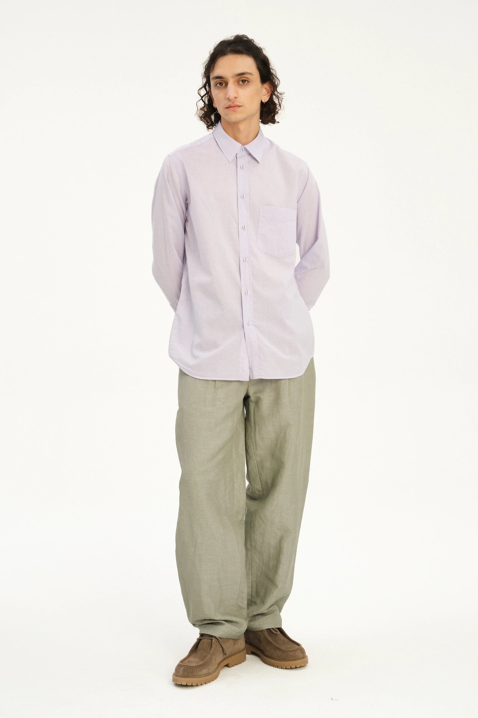 Relaxed Fit Delft Shirt in a Lavender Soft Italian Cotton and Fabric Covered Buttons