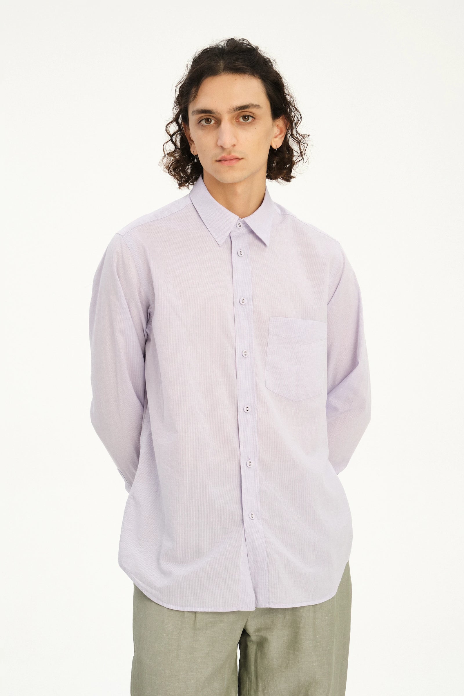 Relaxed Fit Delft Shirt in a Lavender Soft Italian Cotton and Fabric Covered Buttons