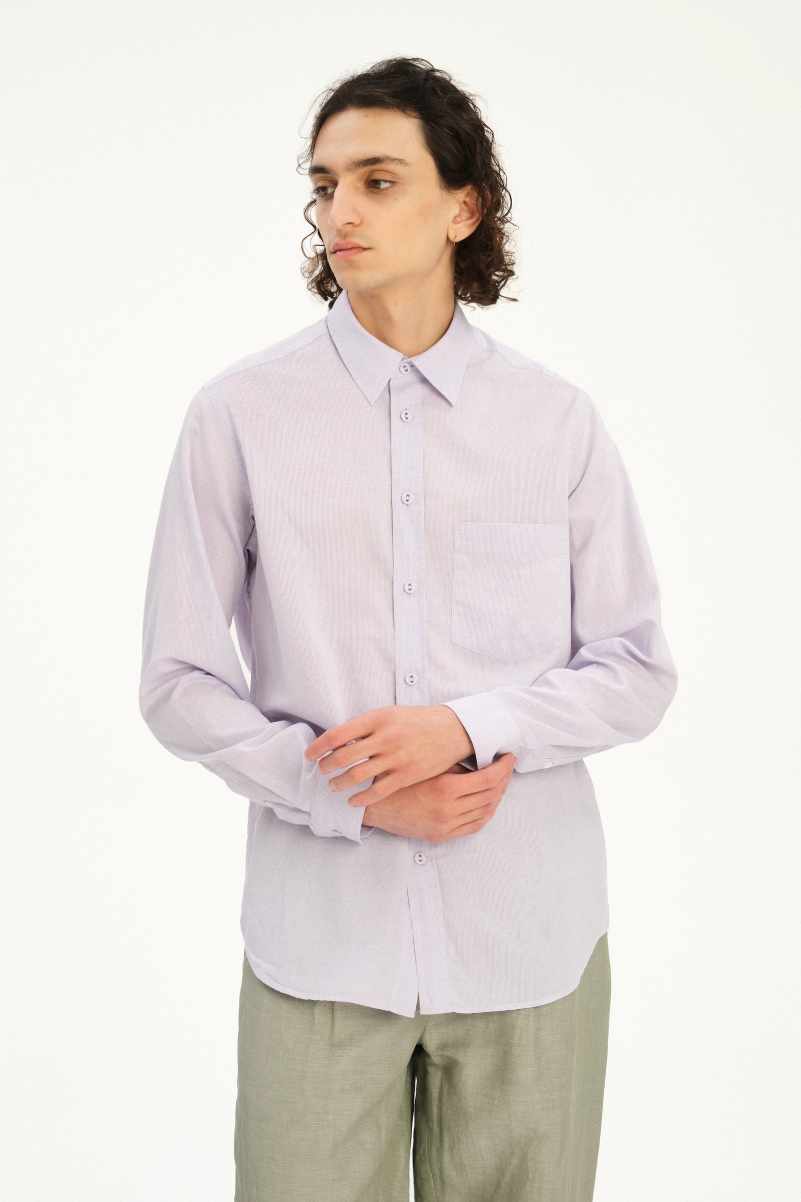 Relaxed Fit Delft Shirt in a Lavender Soft Italian Cotton and Fabric Covered Buttons