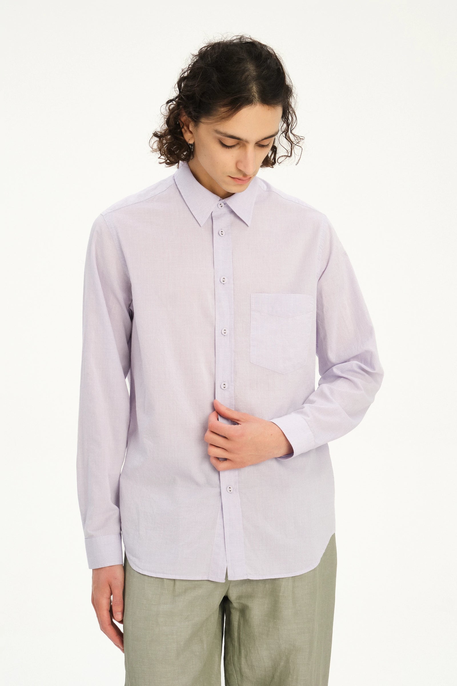 Relaxed Fit Delft Shirt in a Lavender Soft Italian Cotton and Fabric Covered Buttons