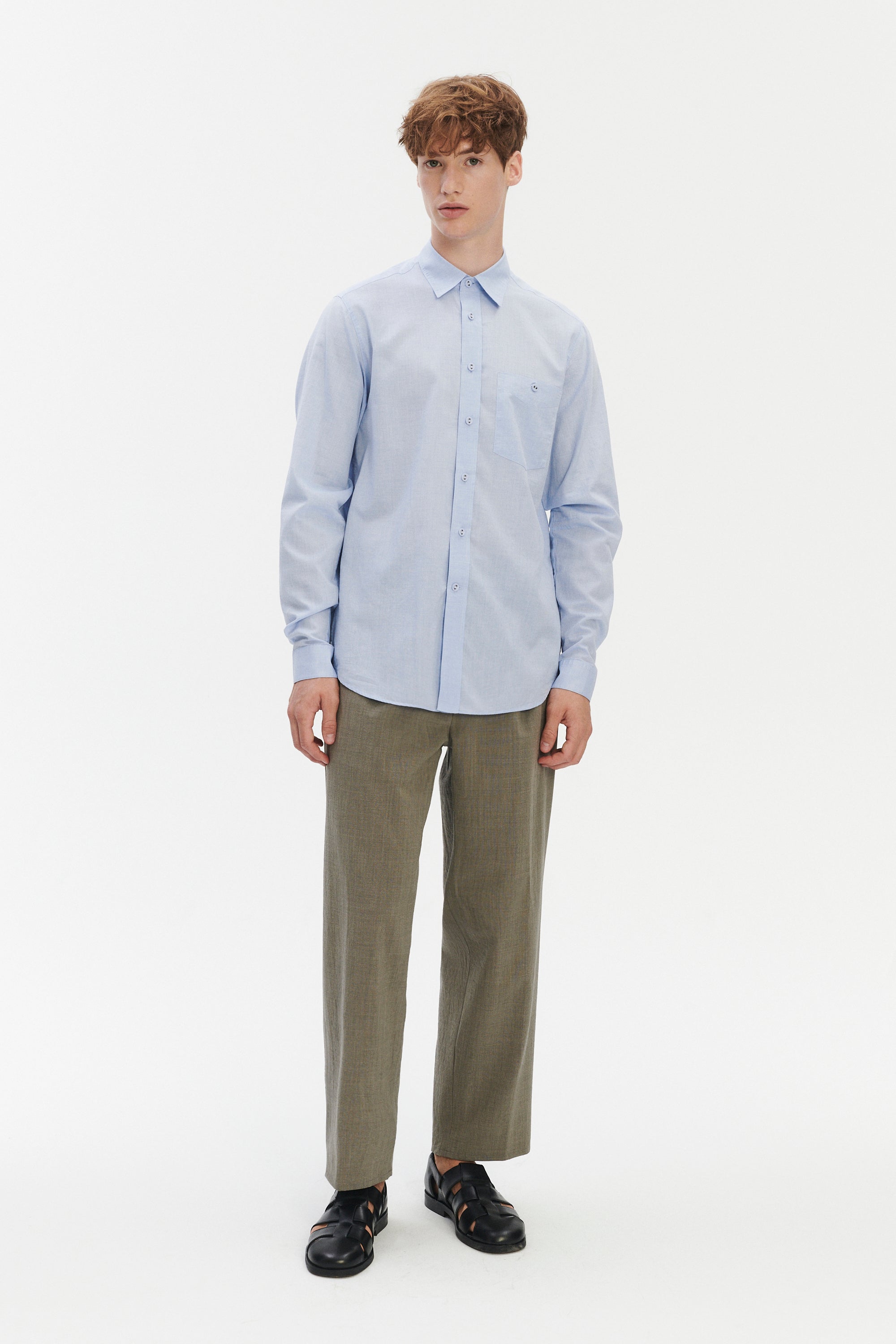 Relaxed Fit Delft Shirt with Fabric Covered Buttons in a Clear Blue Soft Italian Cotton