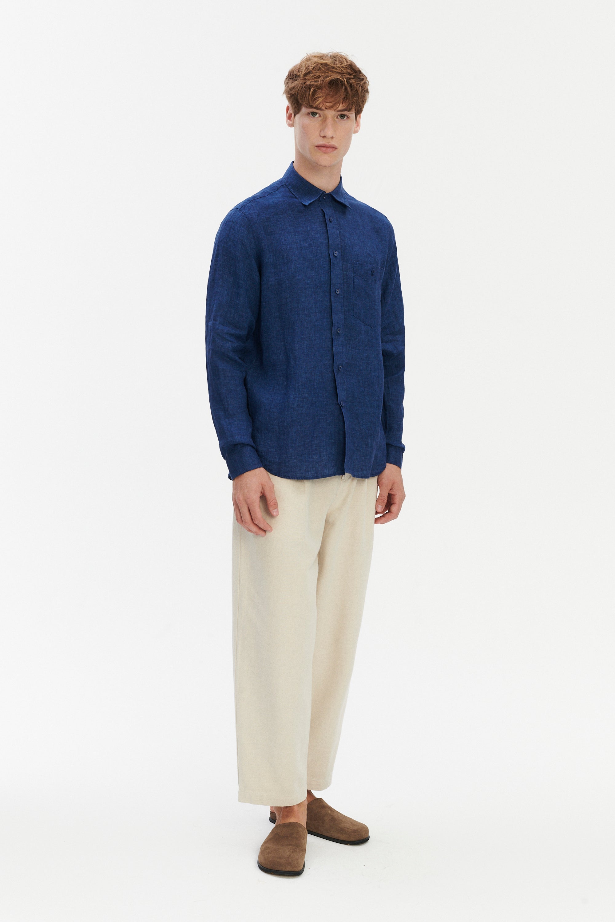 Relaxed Fit Delft Shirt with Fabric Covered Buttons in Cobalt Blue Italian Linen