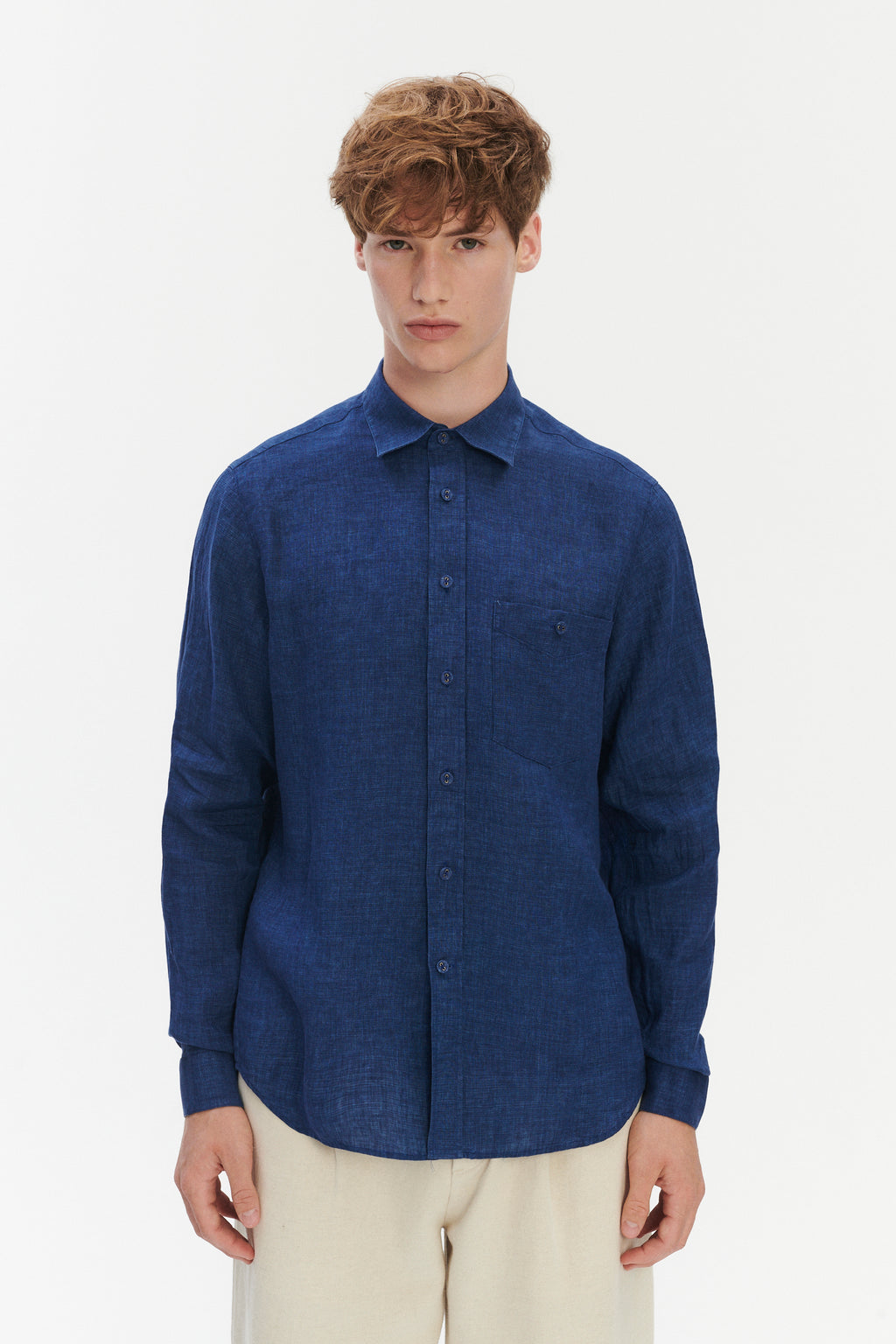 Relaxed Fit Pure Linen Shirt with Fabric Covered Buttons