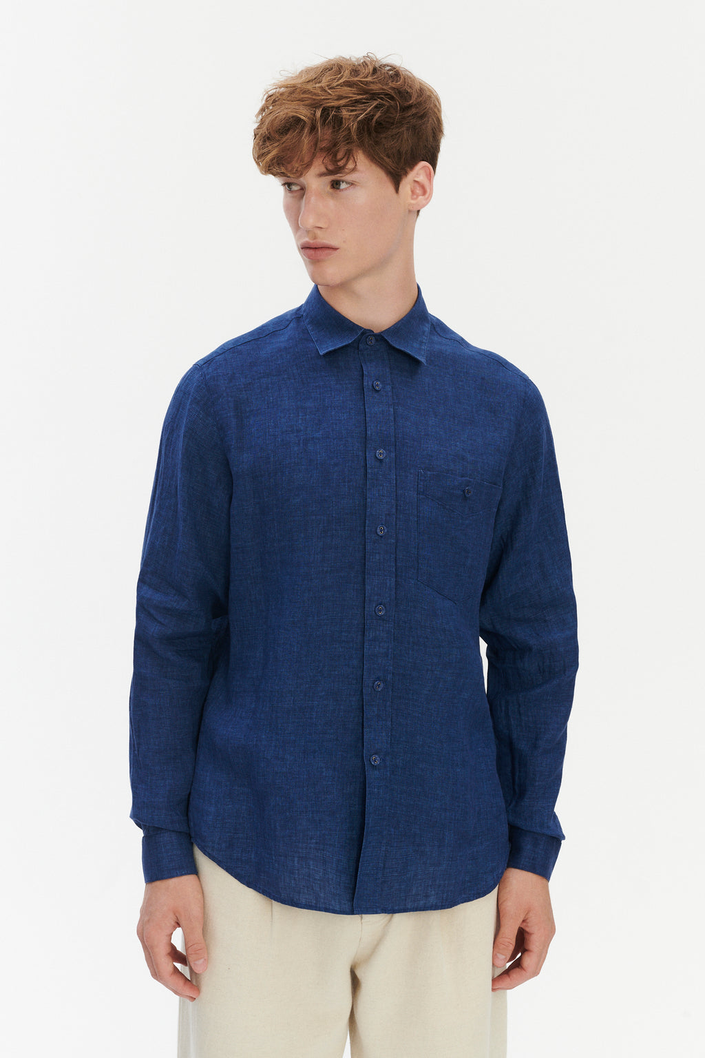 Relaxed Fit Pure Linen Shirt with Fabric Covered Buttons