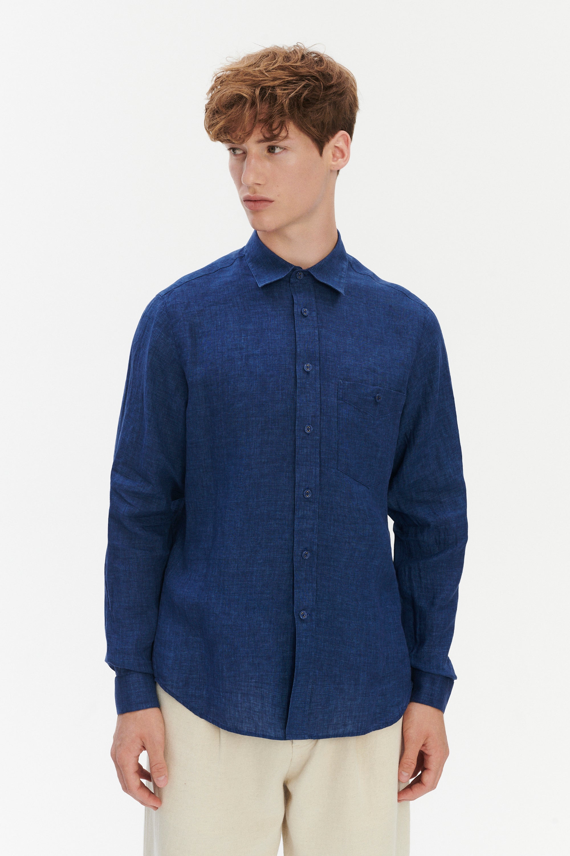 Relaxed Fit Pure Linen Shirt with Fabric Covered Buttons