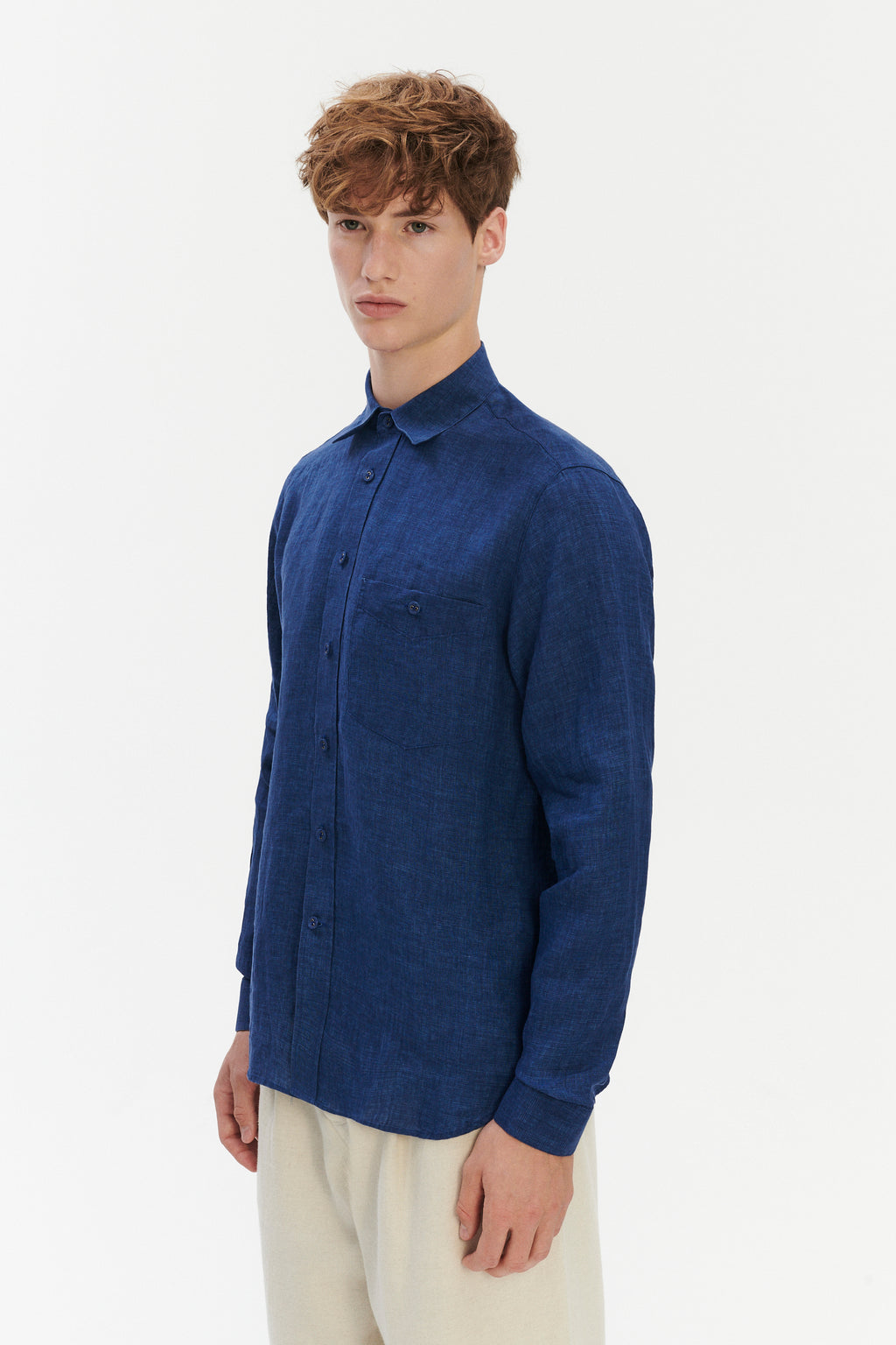 Relaxed Fit Pure Linen Shirt with Fabric Covered Buttons