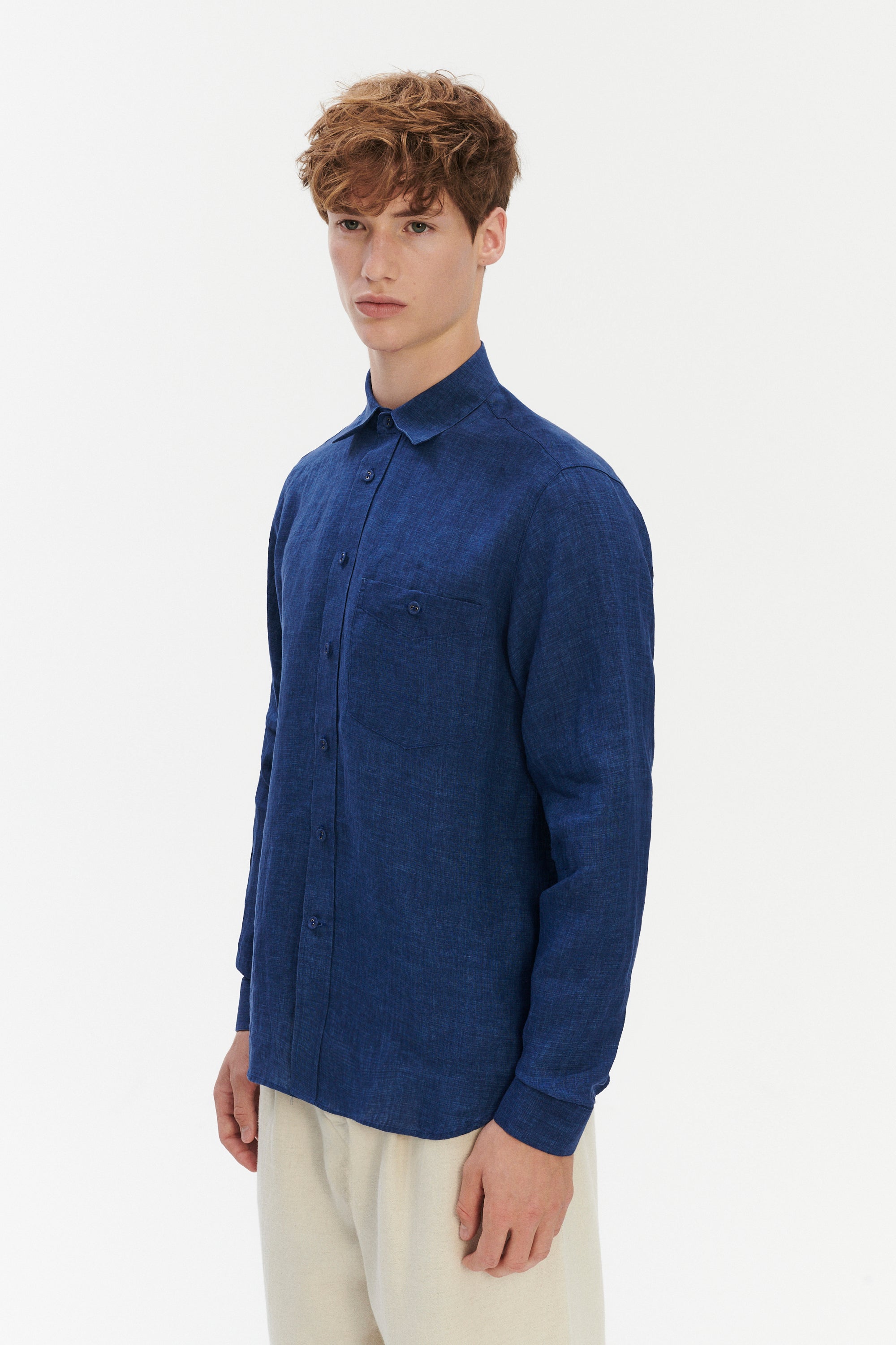 Relaxed Fit Pure Linen Shirt with Fabric Covered Buttons