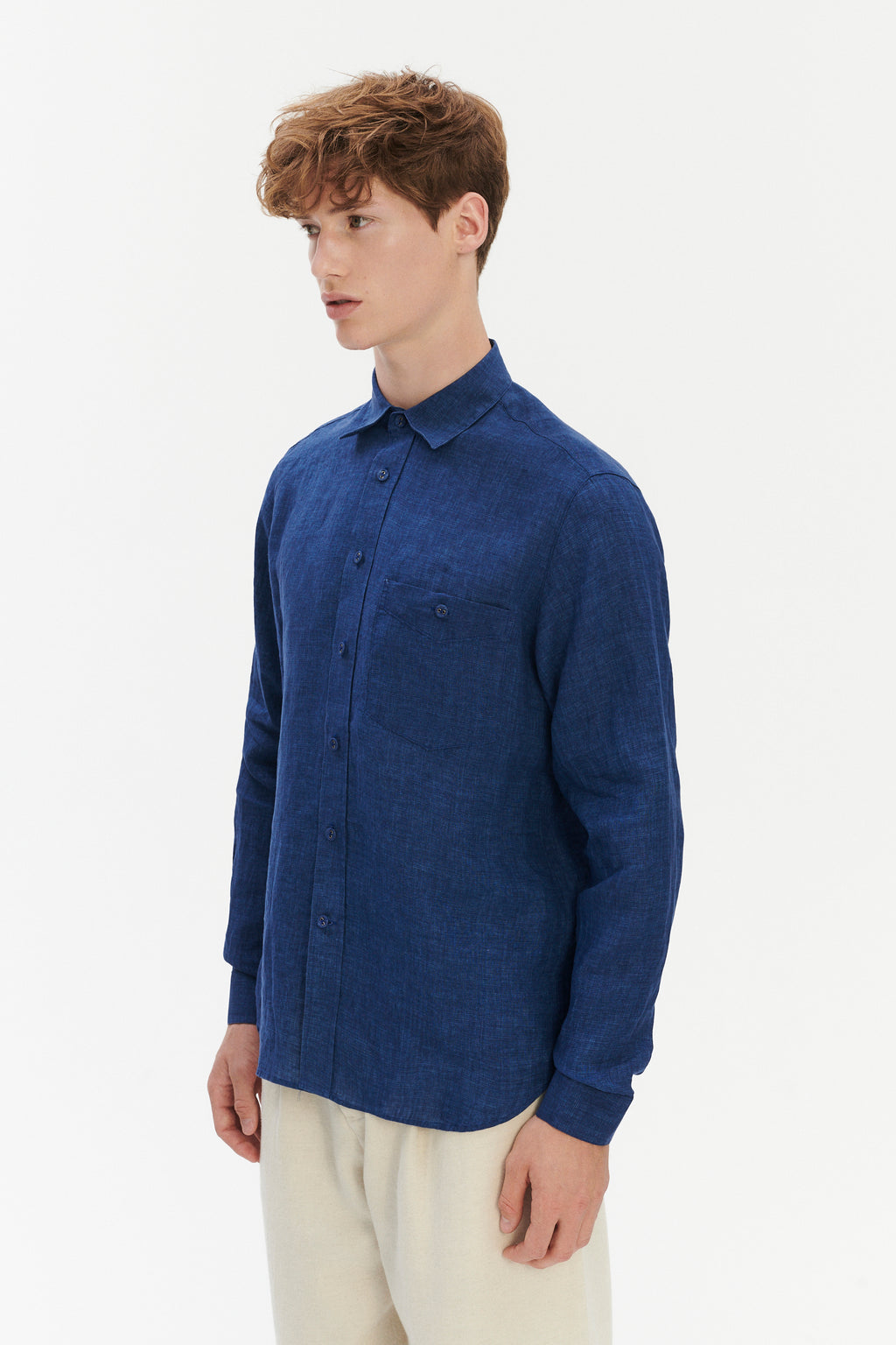 Relaxed Fit Pure Linen Shirt with Fabric Covered Buttons