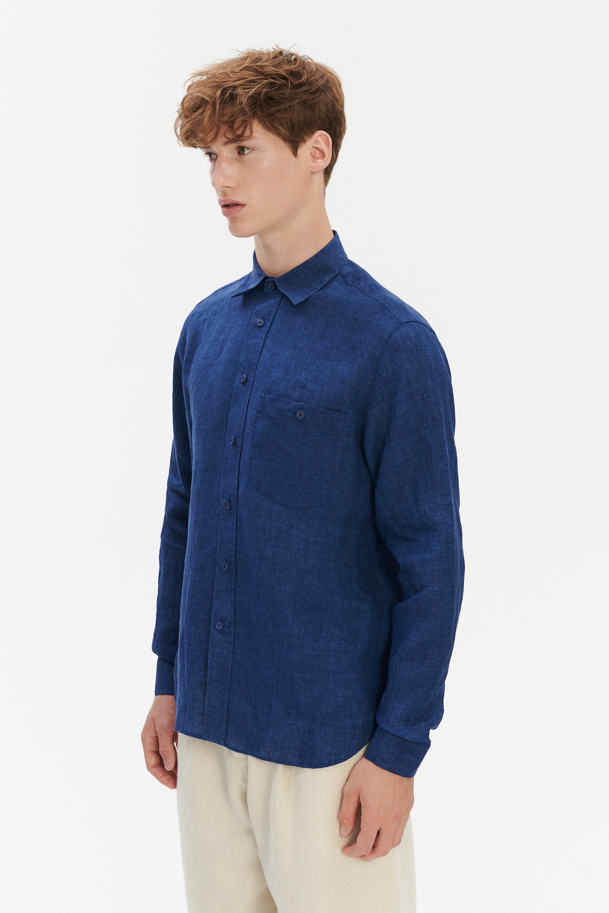 Relaxed Fit Pure Linen Shirt with Fabric Covered Buttons