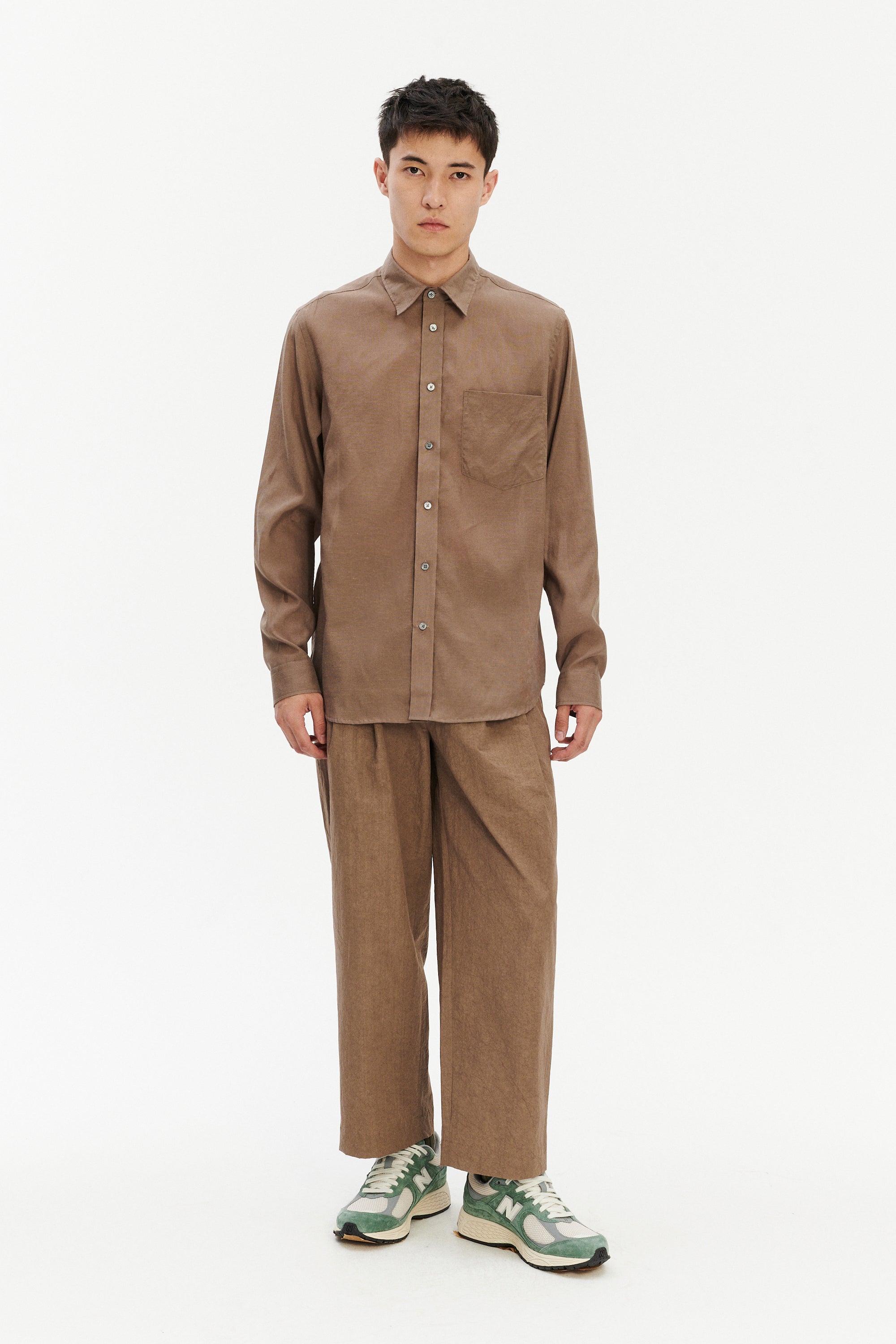 Relaxed Fit Shirt with Fabric Covered Buttons in Taupe