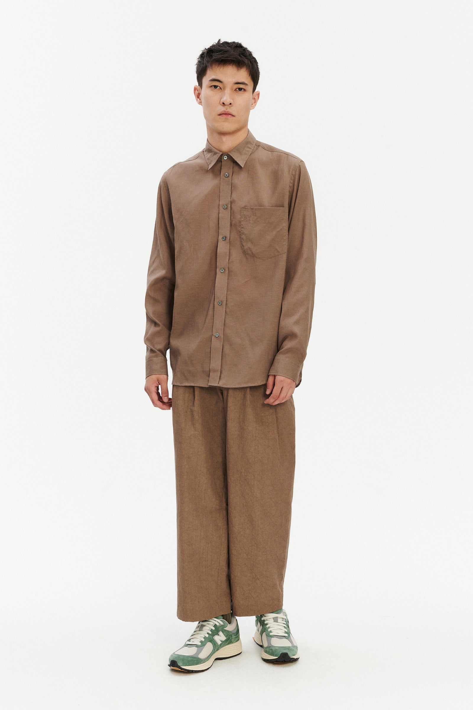 Relaxed Fit Delft Shirt in a Warm Grey Brown Japanese Lyocell and Cotton melange  and Covered Buttons