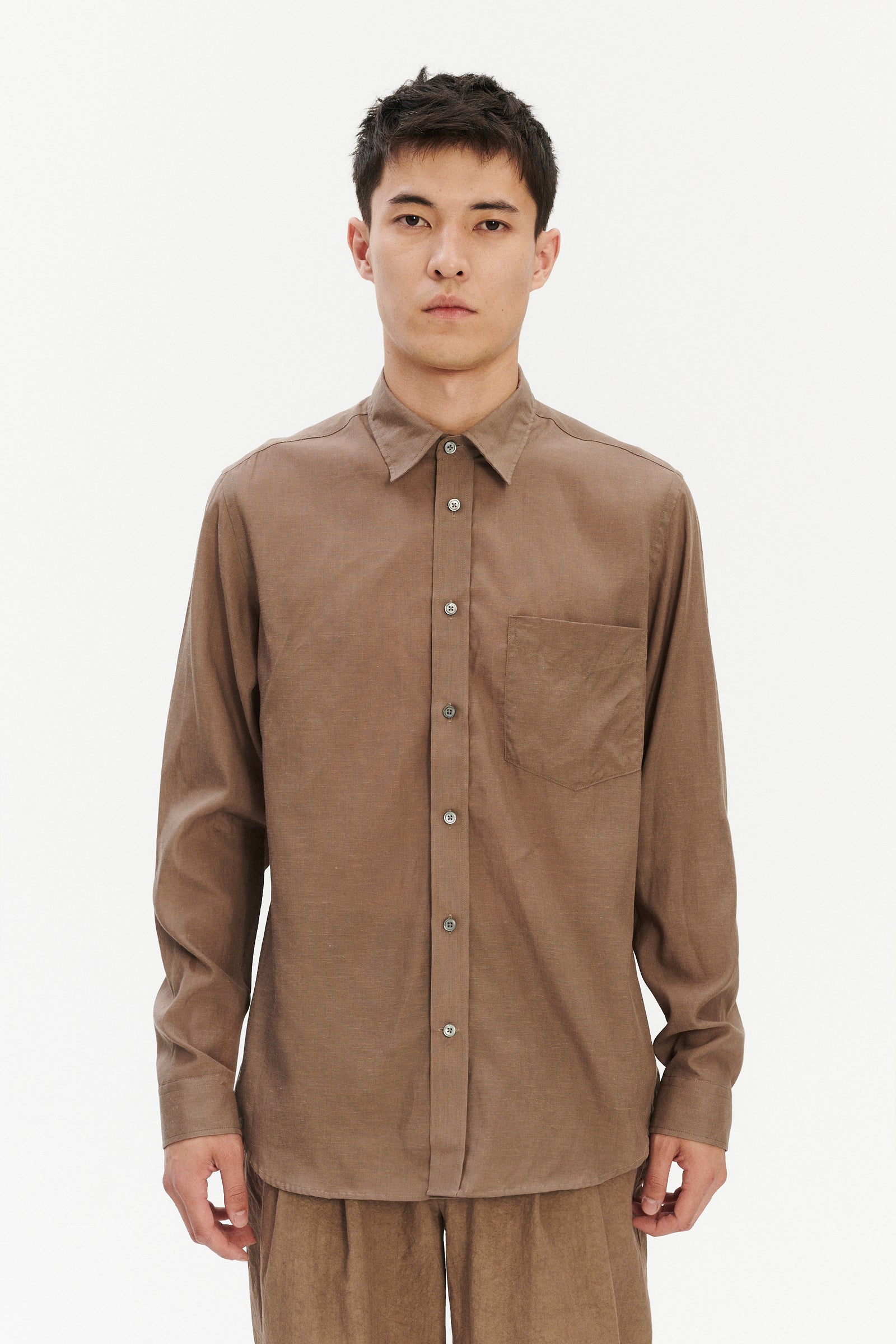 Relaxed Fit Delft Shirt in a Warm Grey Brown Japanese Lyocell and Cotton melange  and Covered Buttons