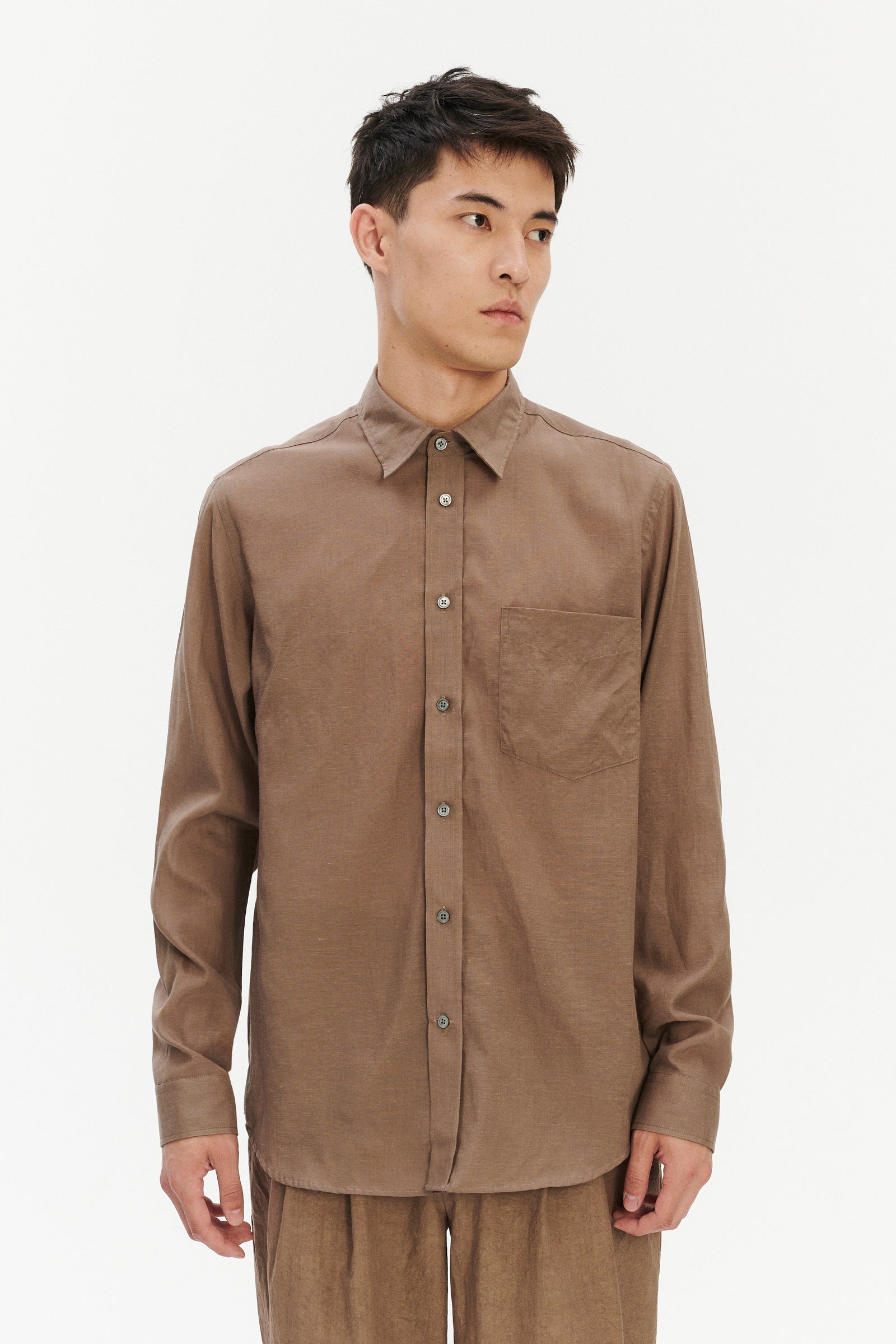Relaxed Fit Delft Shirt in a Warm Grey Brown Japanese Lyocell and Cotton melange  and Covered Buttons