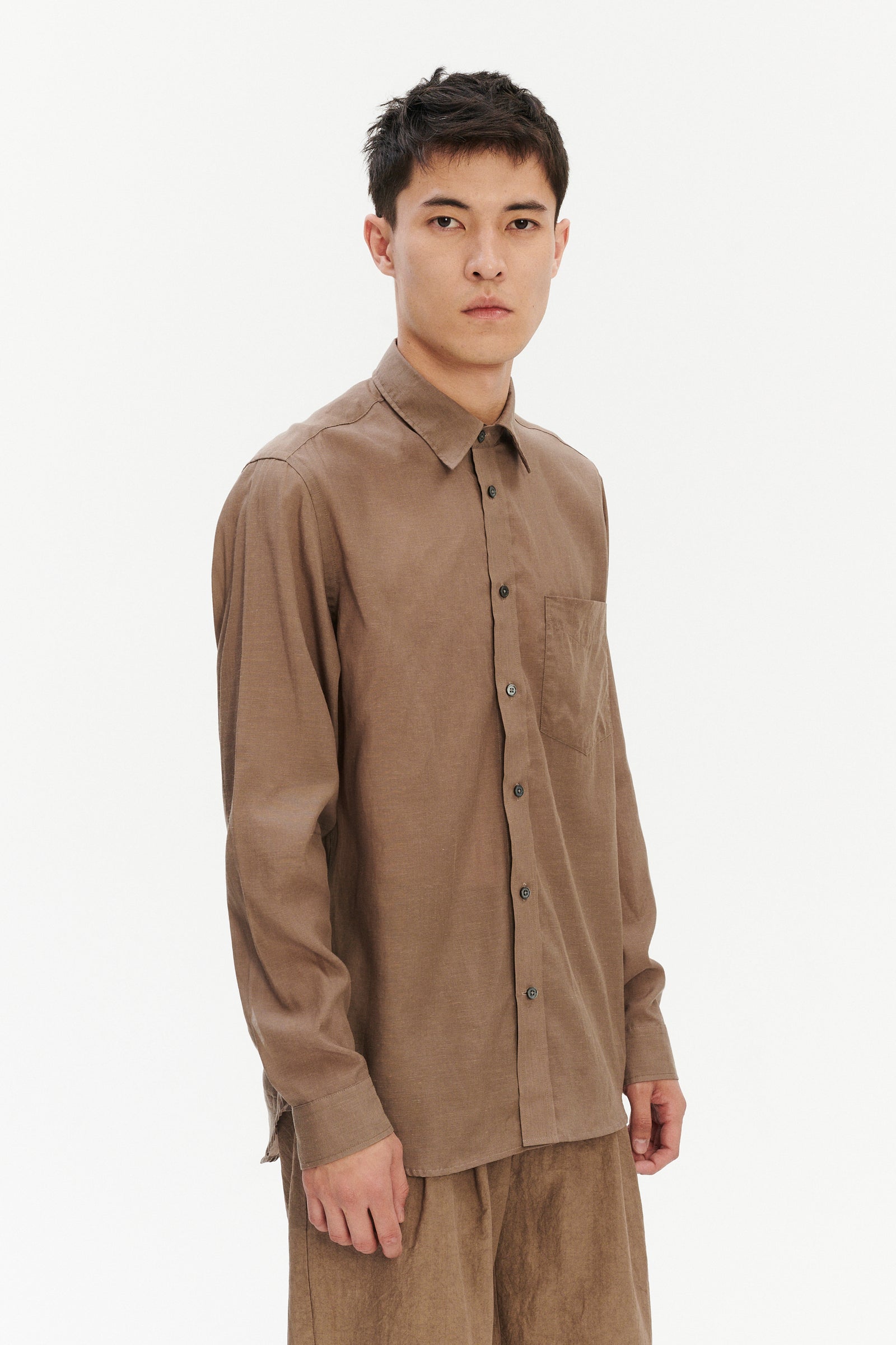 Relaxed Fit Delft Shirt in a Warm Grey Brown Japanese Lyocell and Cotton melange  and Covered Buttons