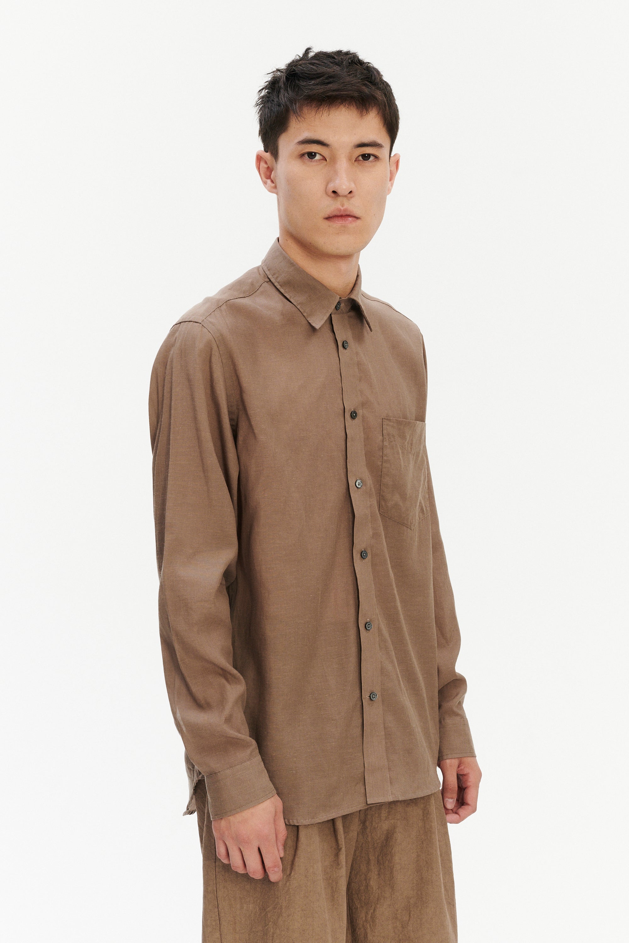 Relaxed Fit Shirt with Fabric Covered Buttons in Taupe
