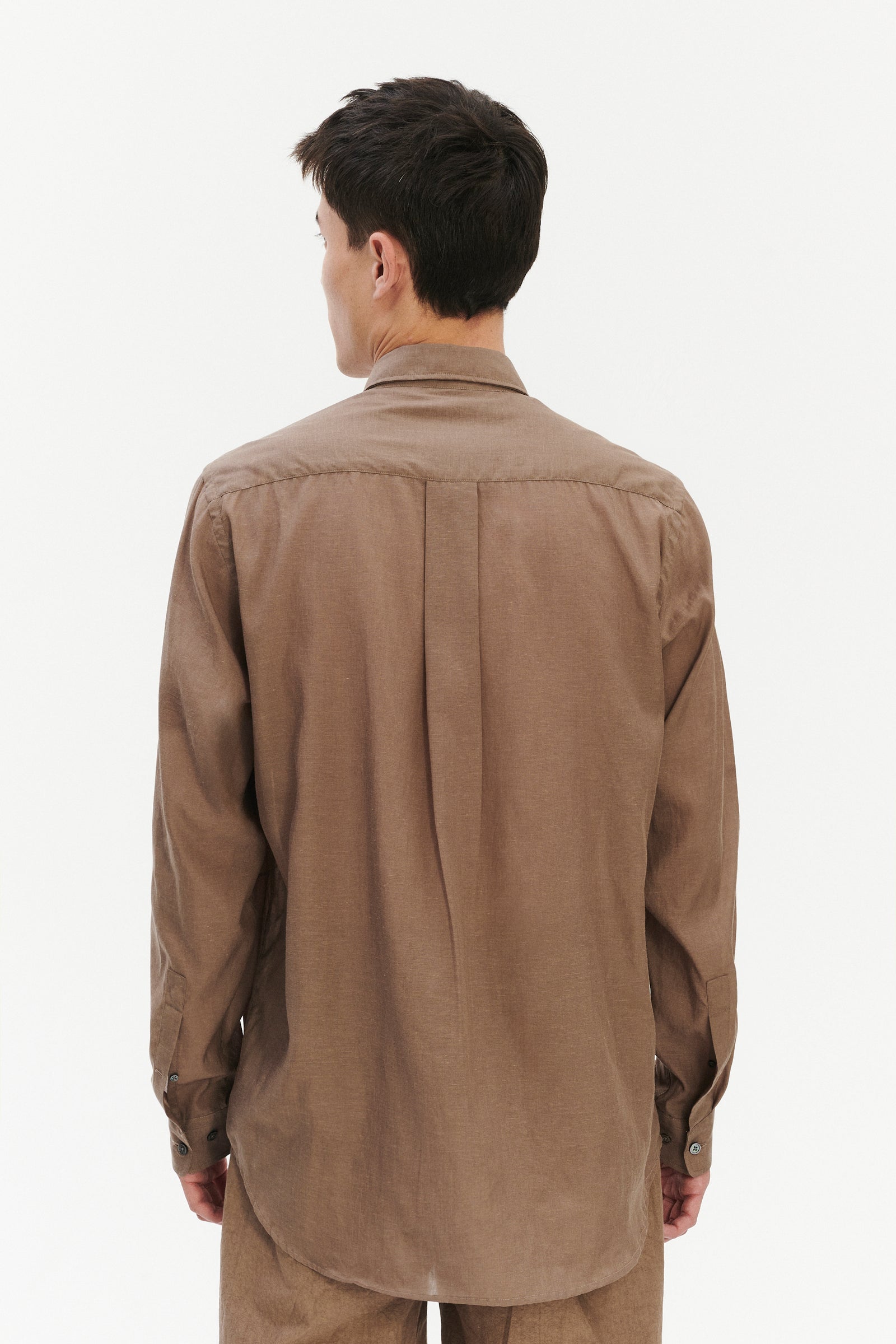 Relaxed Fit Delft Shirt in a Warm Grey Brown Japanese Lyocell and Cotton melange  and Covered Buttons