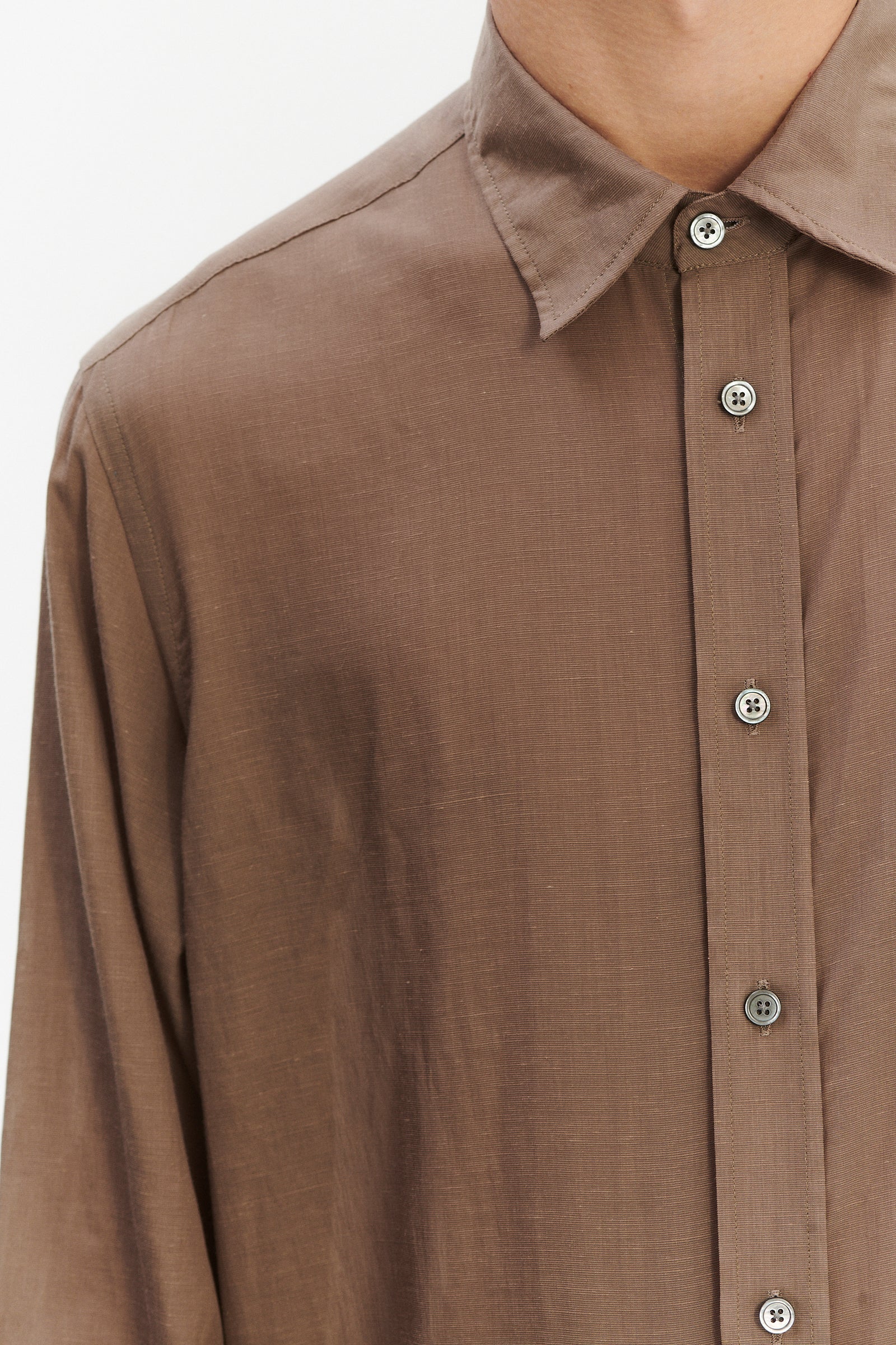 Relaxed Fit Delft Shirt in a Warm Grey Brown Japanese Lyocell and Cotton melange  and Covered Buttons