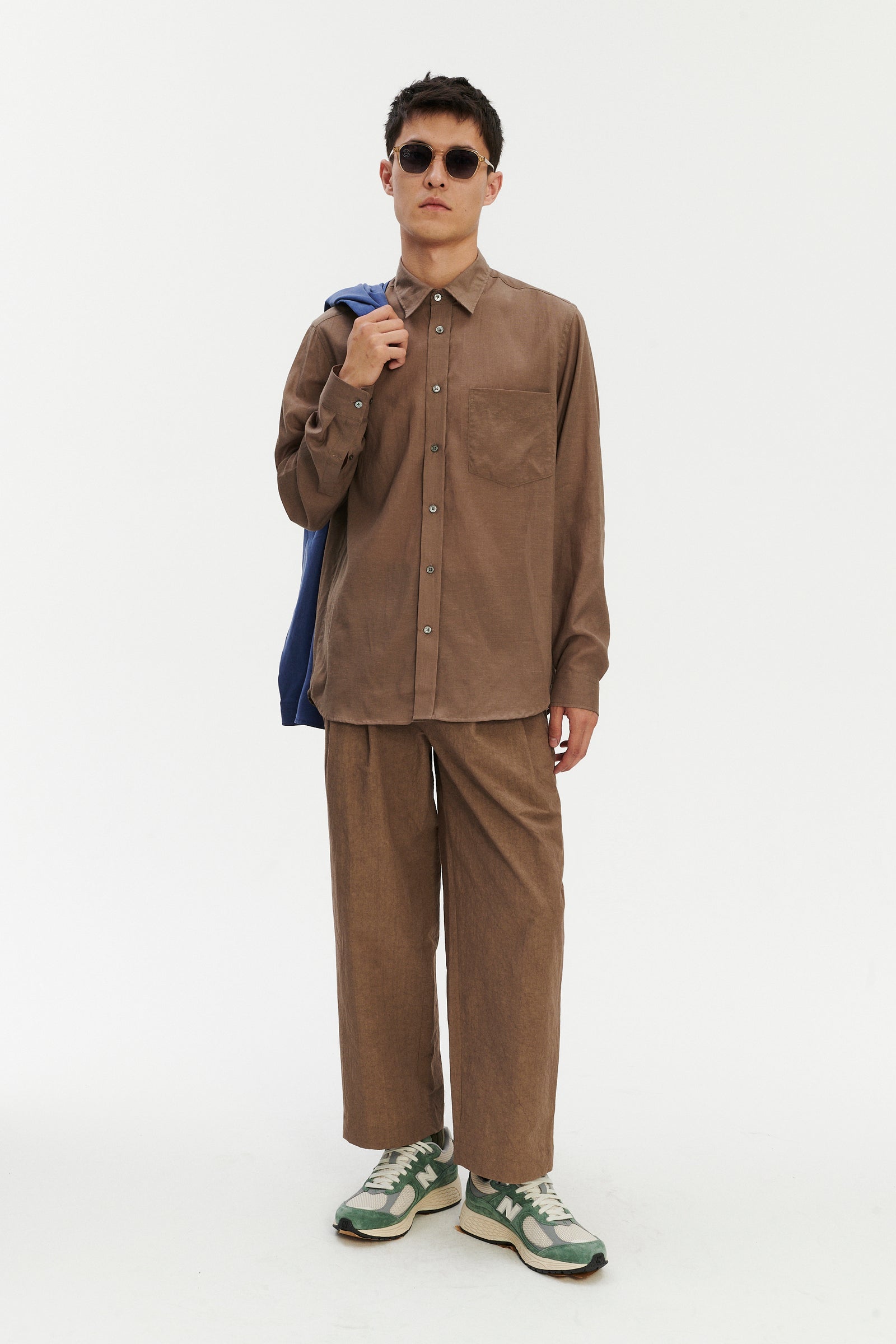 Relaxed Fit Delft Shirt in a Warm Grey Brown Japanese Lyocell and Cotton melange  and Covered Buttons