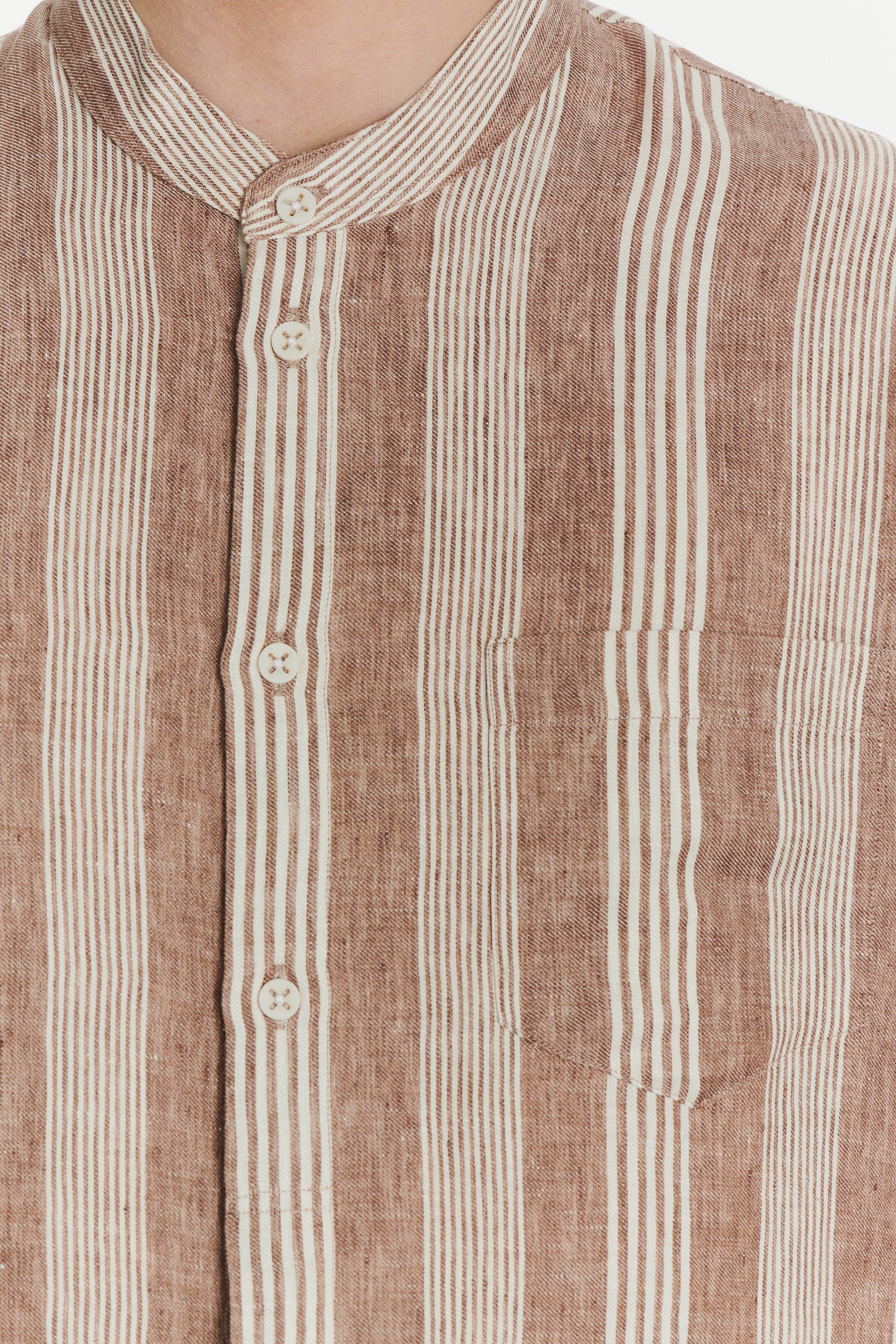 New Zen Grandad Collar Shirt in a Rusty Brown and Beige Striped Italian Linen