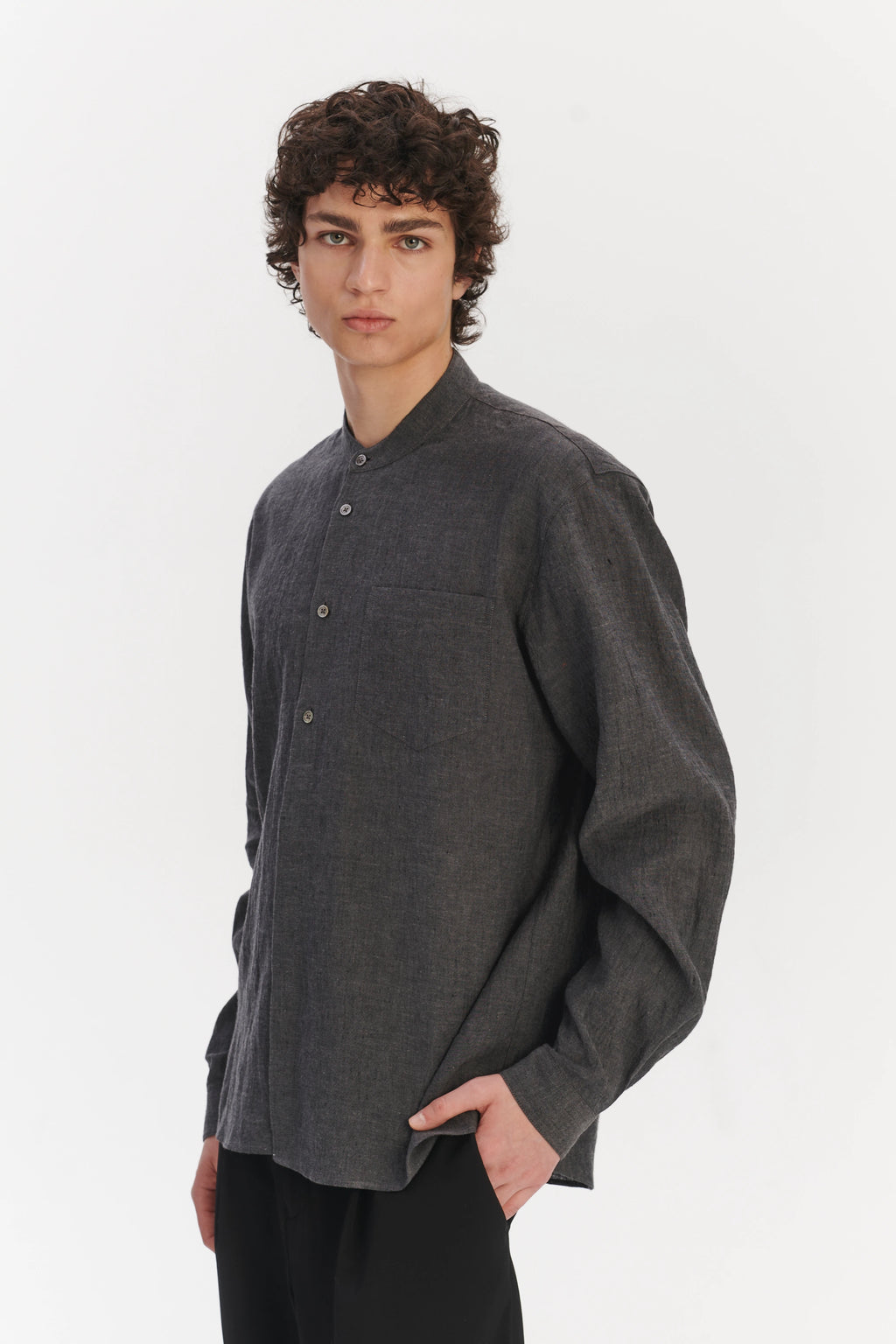 New Zen Grandad Collar Shirt in a Charcoal Grey Mix of Japanese Linen and Cotton
