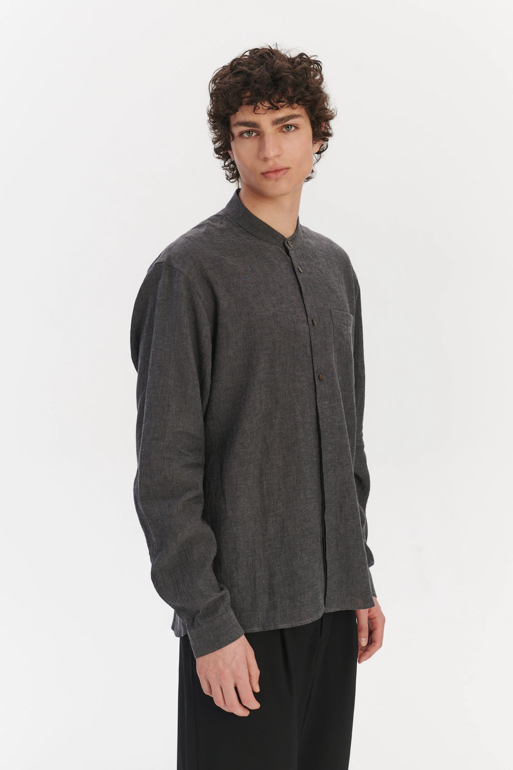New Zen Grandad Collar Shirt in a Charcoal Grey Mix of Japanese Linen and Cotton