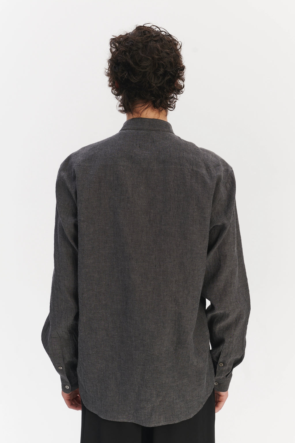 New Zen Grandad Collar Shirt in a Charcoal Grey Mix of Japanese Linen and Cotton