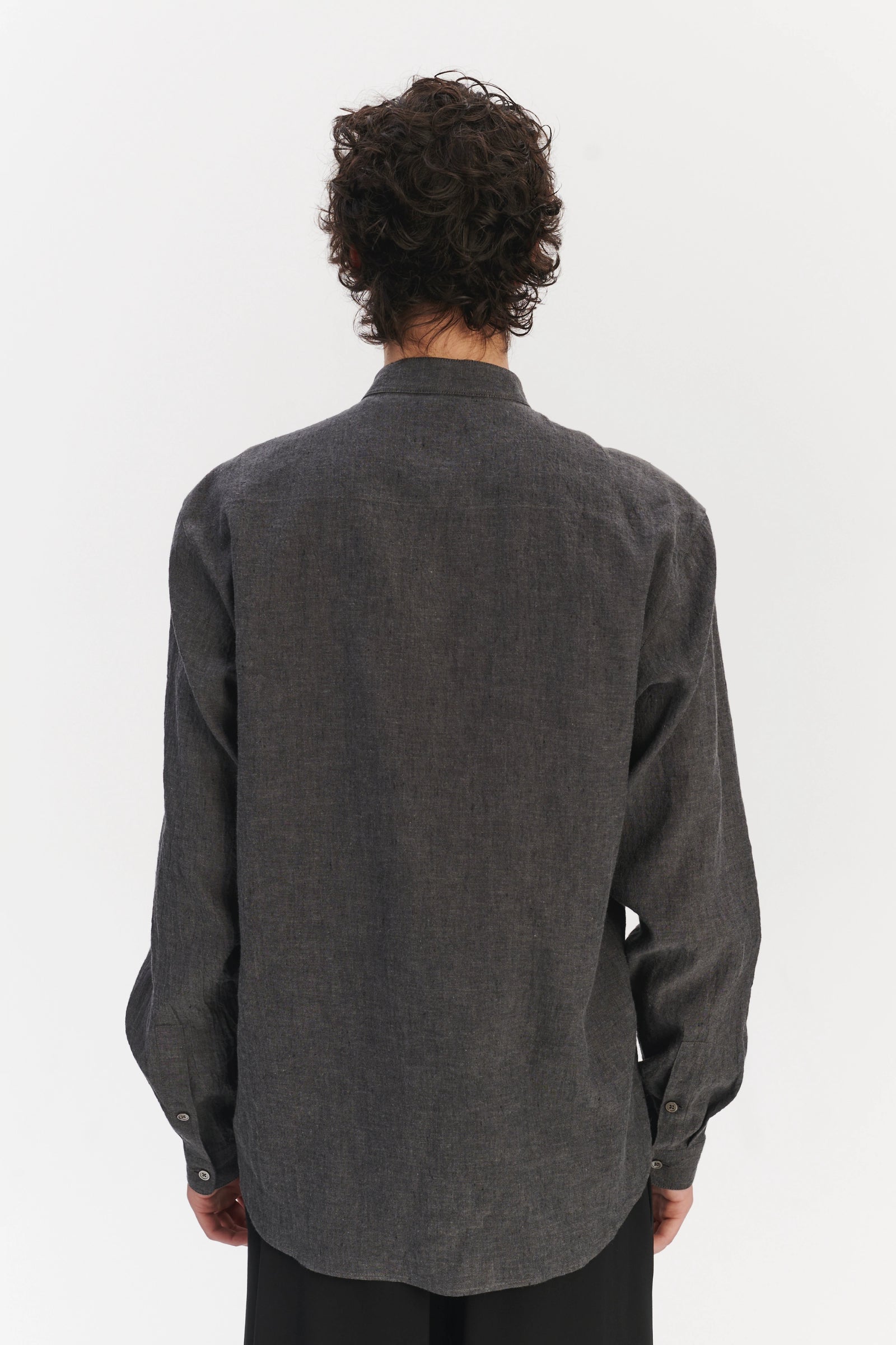 New Zen Grandad Collar Shirt in a Charcoal Grey Mix of Japanese Linen and Cotton