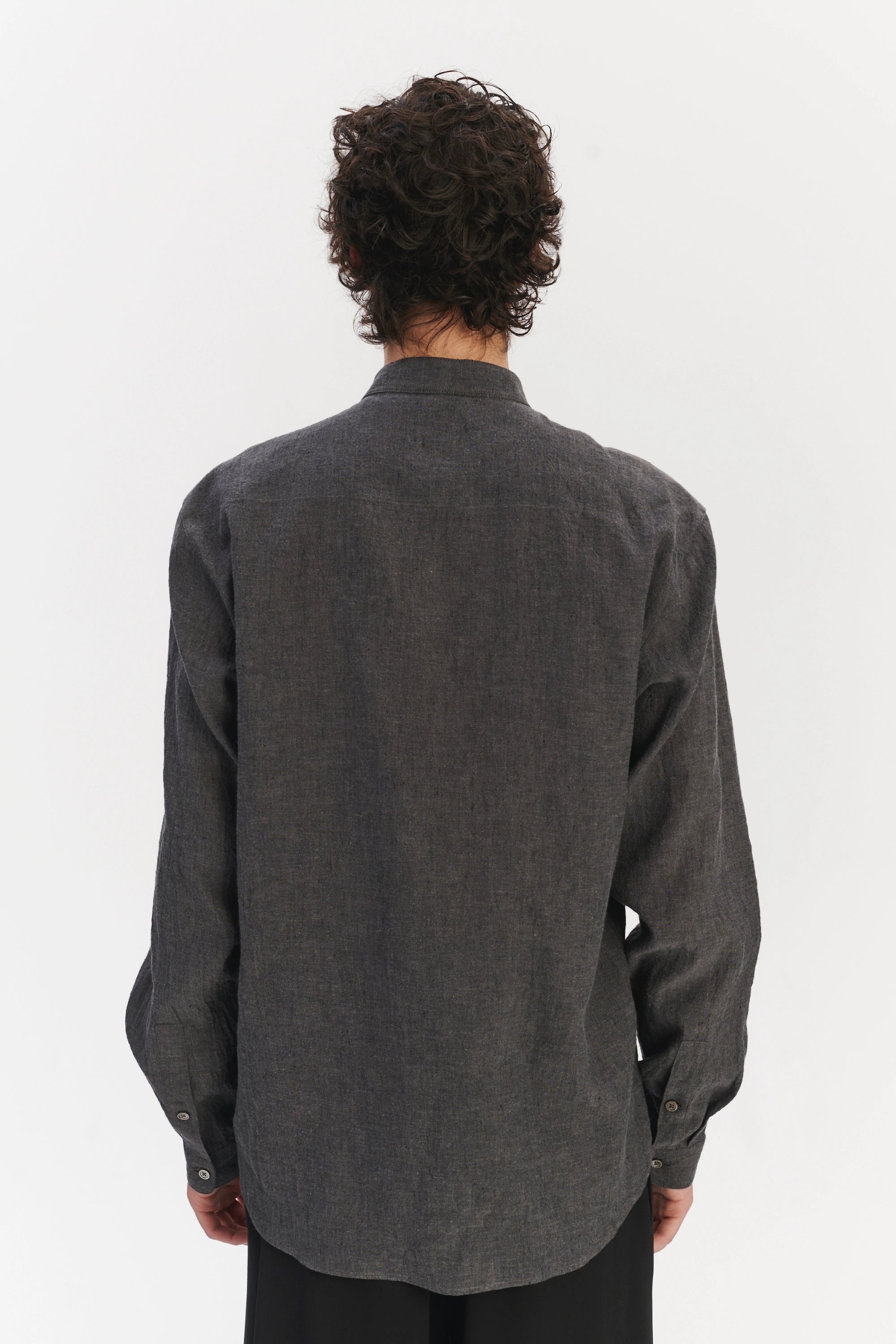New Zen Grandad Collar Shirt in a Charcoal Grey Mix of Japanese Linen and Cotton