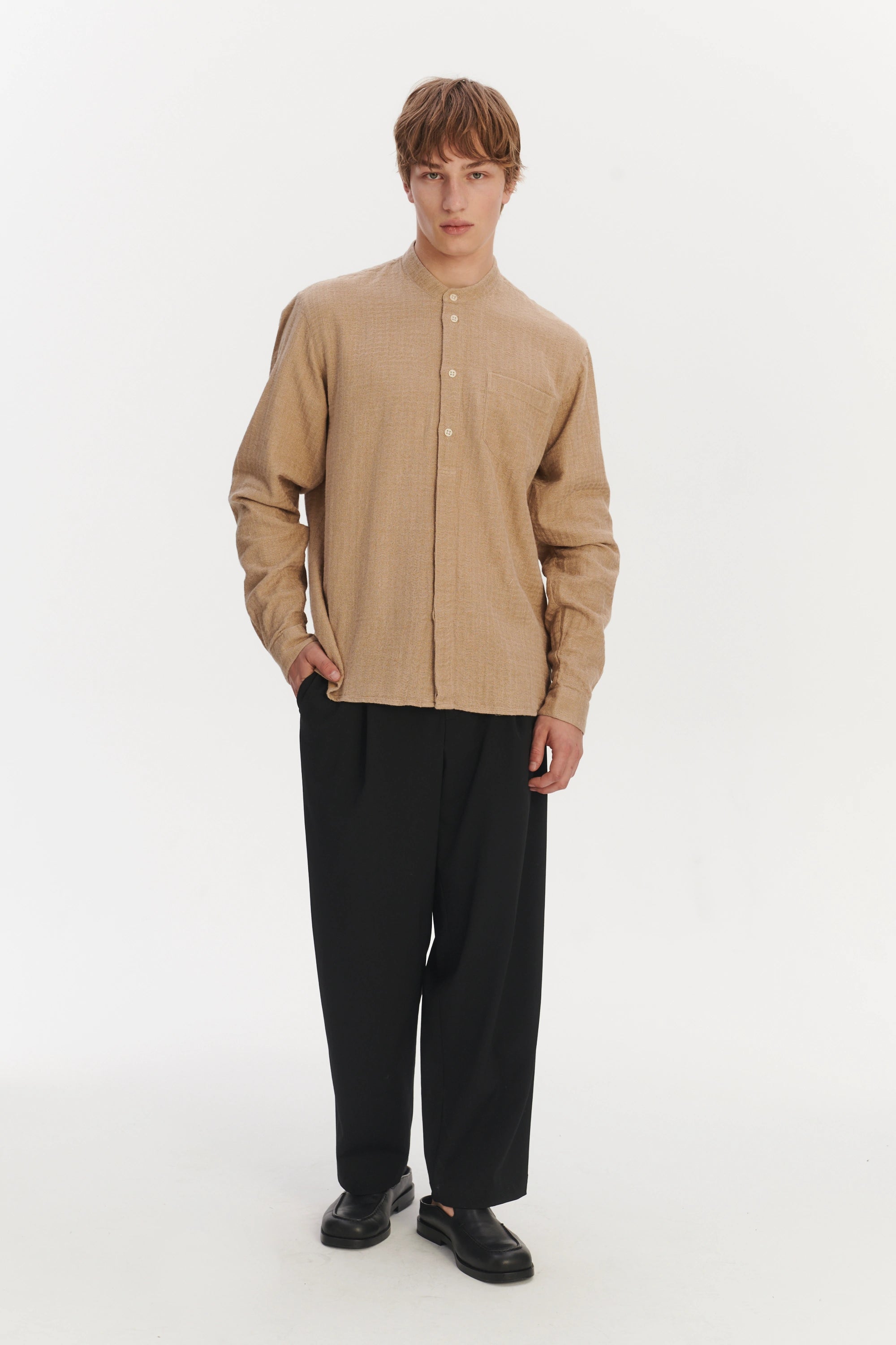 New Zen Grandad Collar Shirt in a Beige Double Sided Portuguese Cotton and Linen