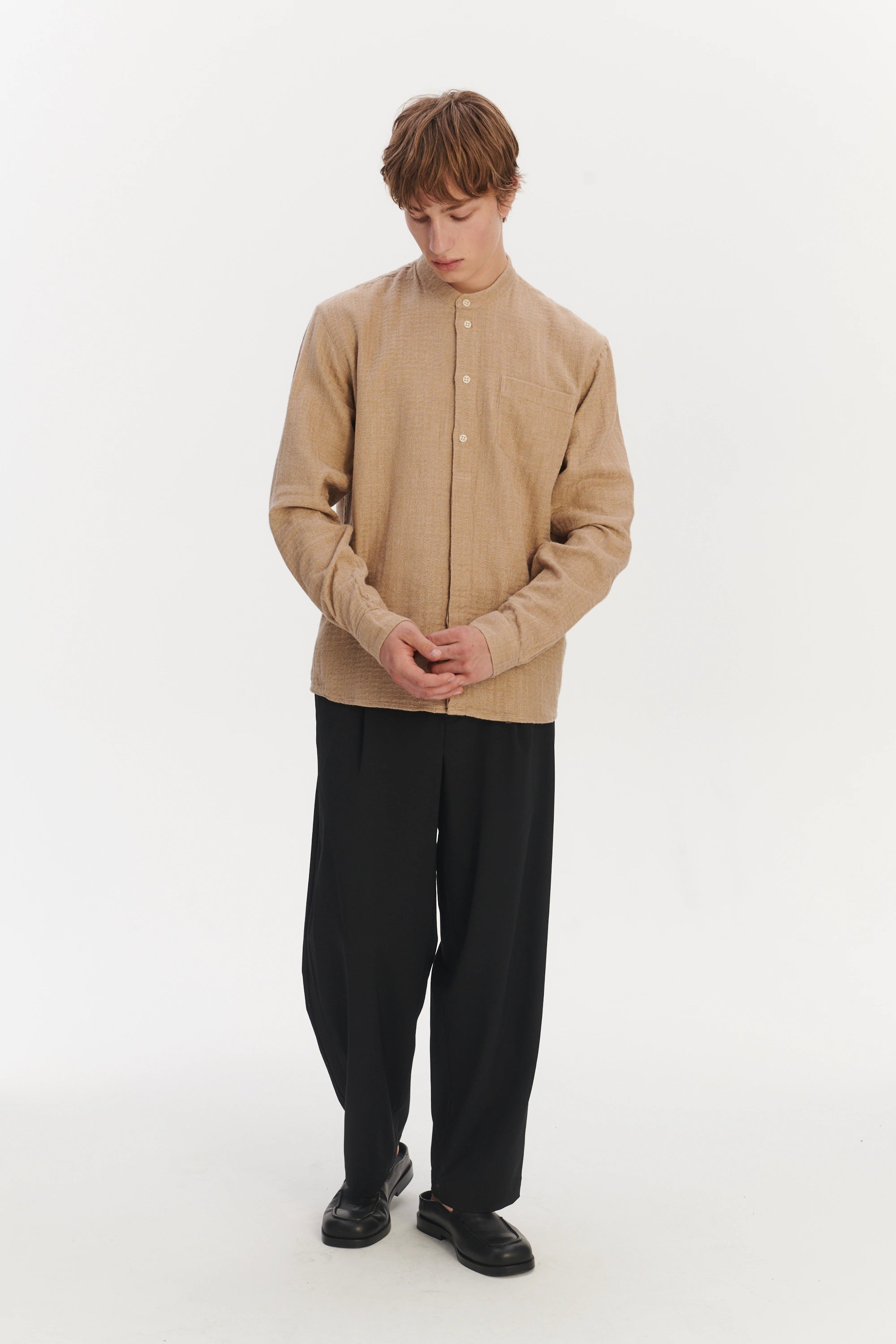 New Zen Grandad Collar Shirt in a Beige Double Sided Portuguese Cotton and Linen