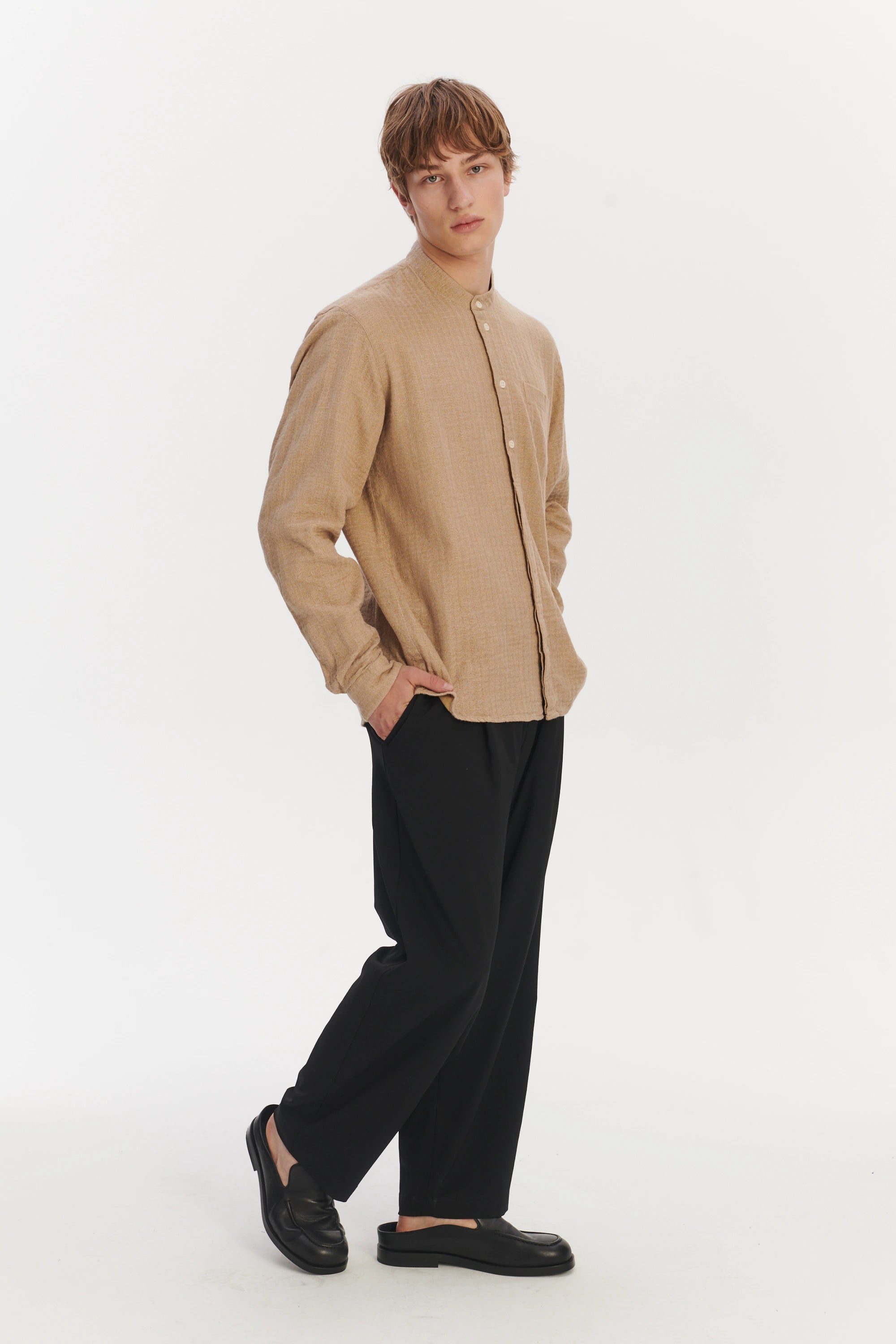 New Zen Grandad Collar Shirt in a Beige Double Sided Portuguese Cotton and Linen