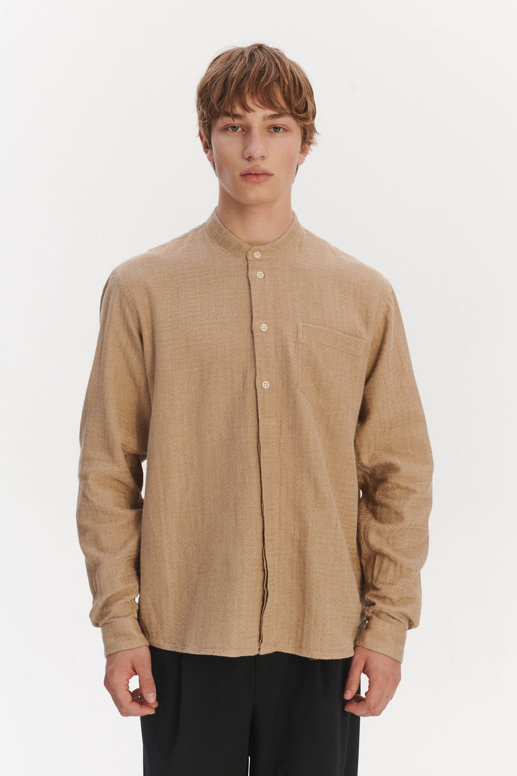 New Zen Grandad Collar Shirt in a Beige Double Sided Portuguese Cotton and Linen