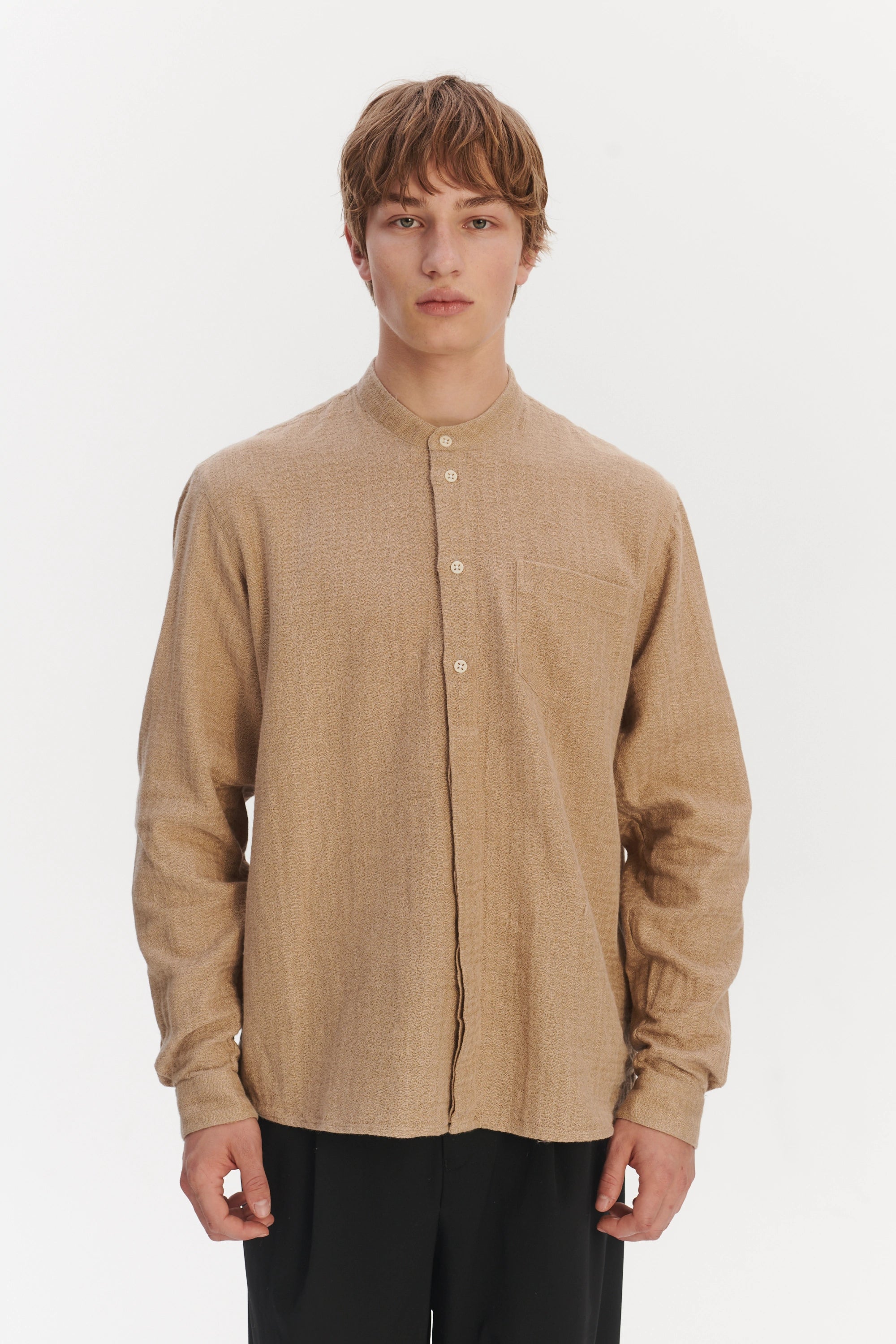 New Zen Grandad Collar Shirt in a Beige Double Sided Portuguese Cotton and Linen