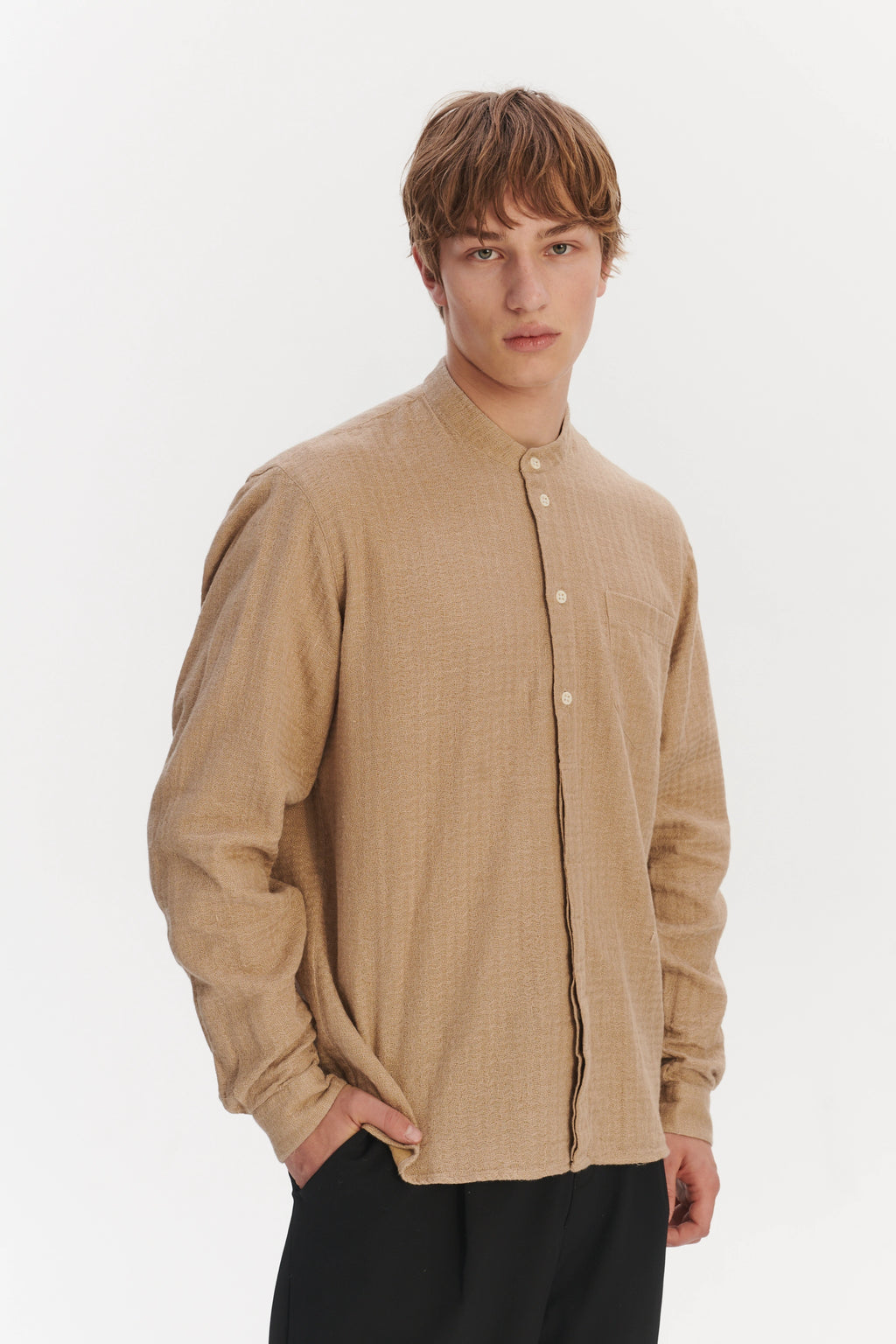 New Zen Grandad Collar Shirt in a Beige Double Sided Portuguese Cotton and Linen