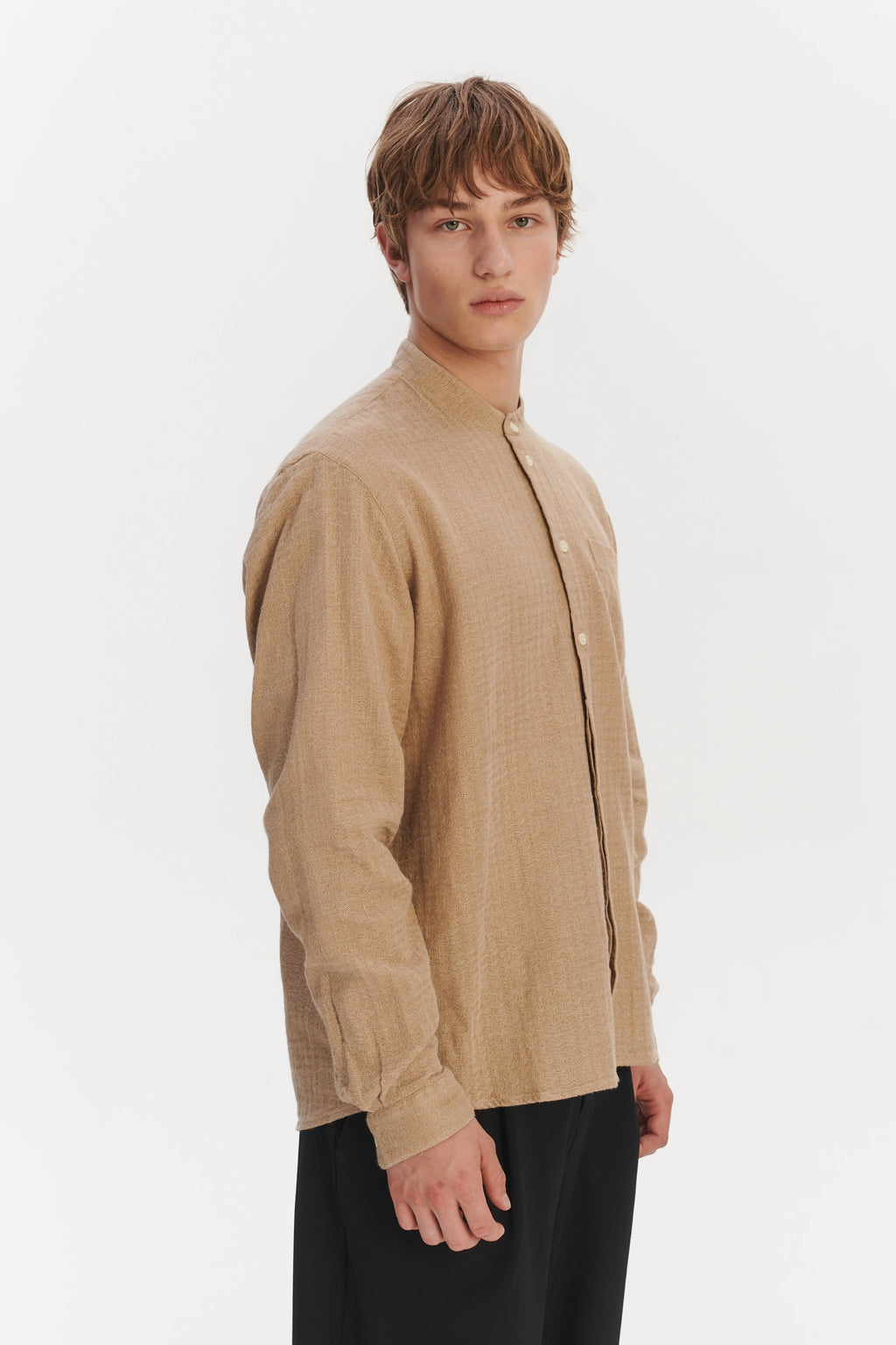 New Zen Grandad Collar Shirt in a Beige Double Sided Portuguese Cotton and Linen