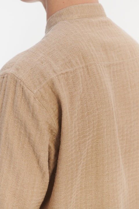 New Zen Grandad Collar Shirt in a Beige Double Sided Portuguese Cotton and Linen