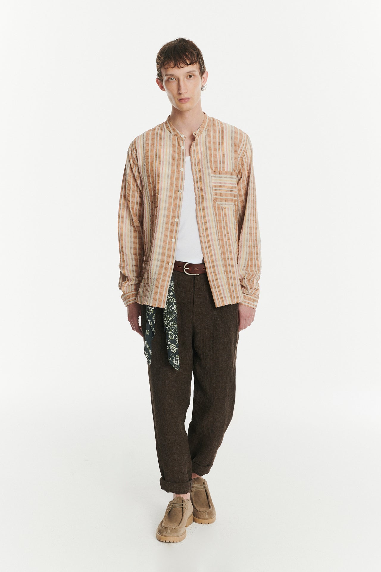 Zen Grandad Collar Shirt in a Beige, Yellow and Brown Striped Finest Portuguese Linen and Cotton