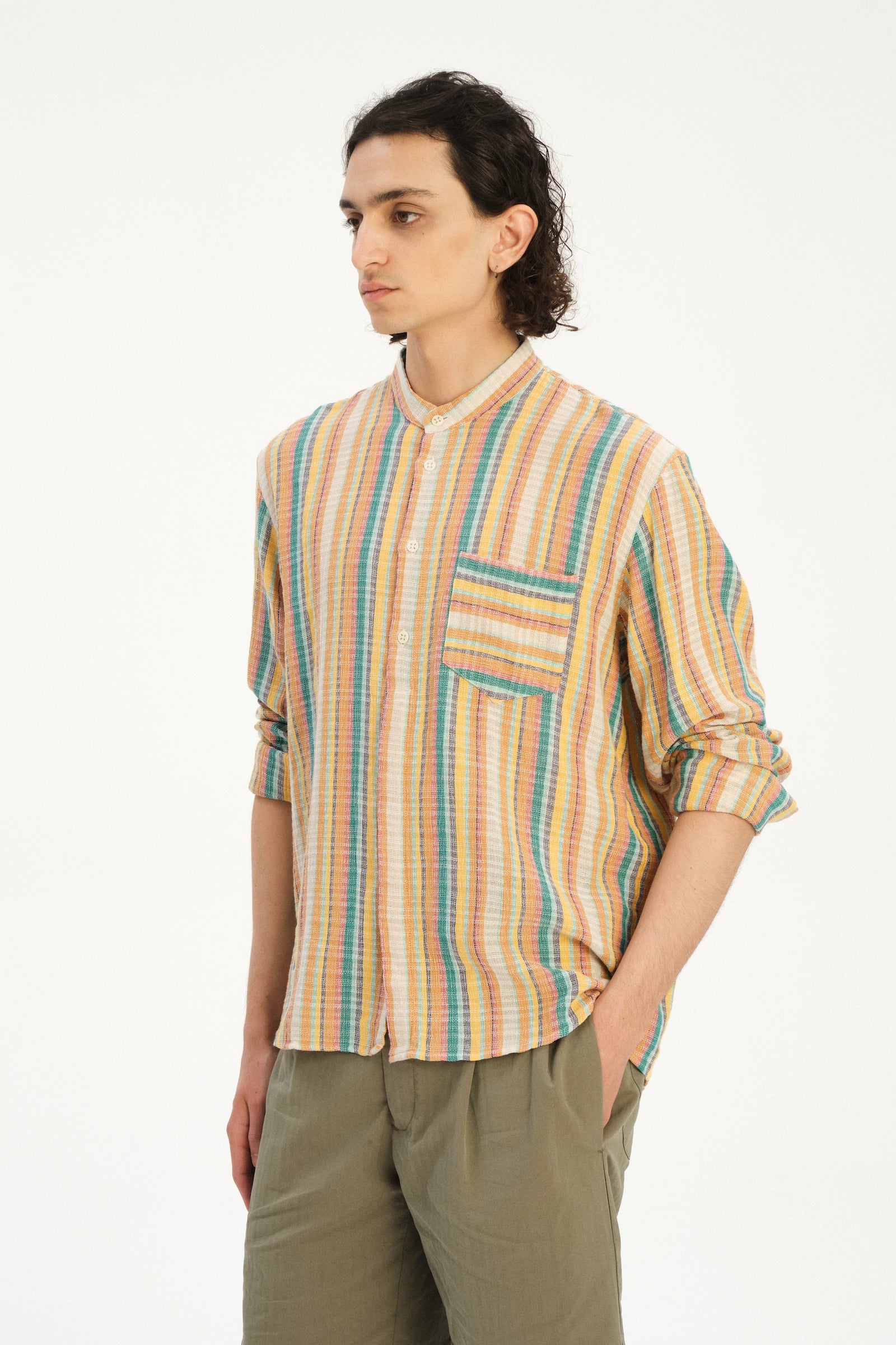 Zen Shirt in a Yellow, Green, and Blue Striped Portuguese Cotton