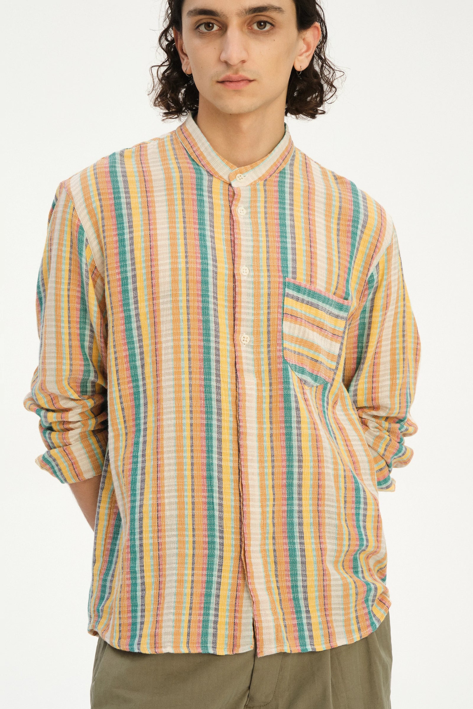 Zen Shirt in a Yellow, Green, and Blue Striped Portuguese Cotton