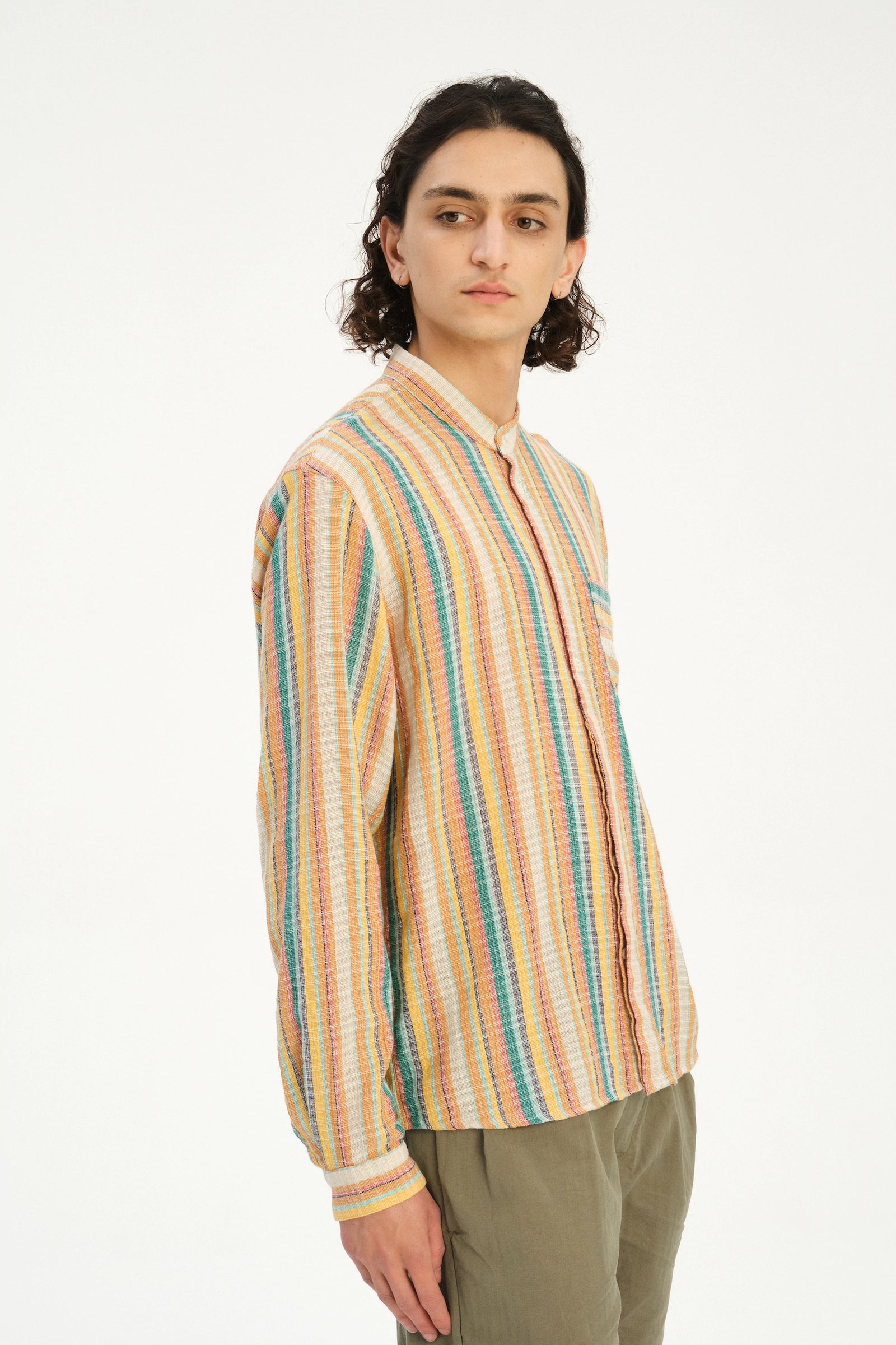 Zen Shirt in a Yellow, Green, and Blue Striped Portuguese Cotton