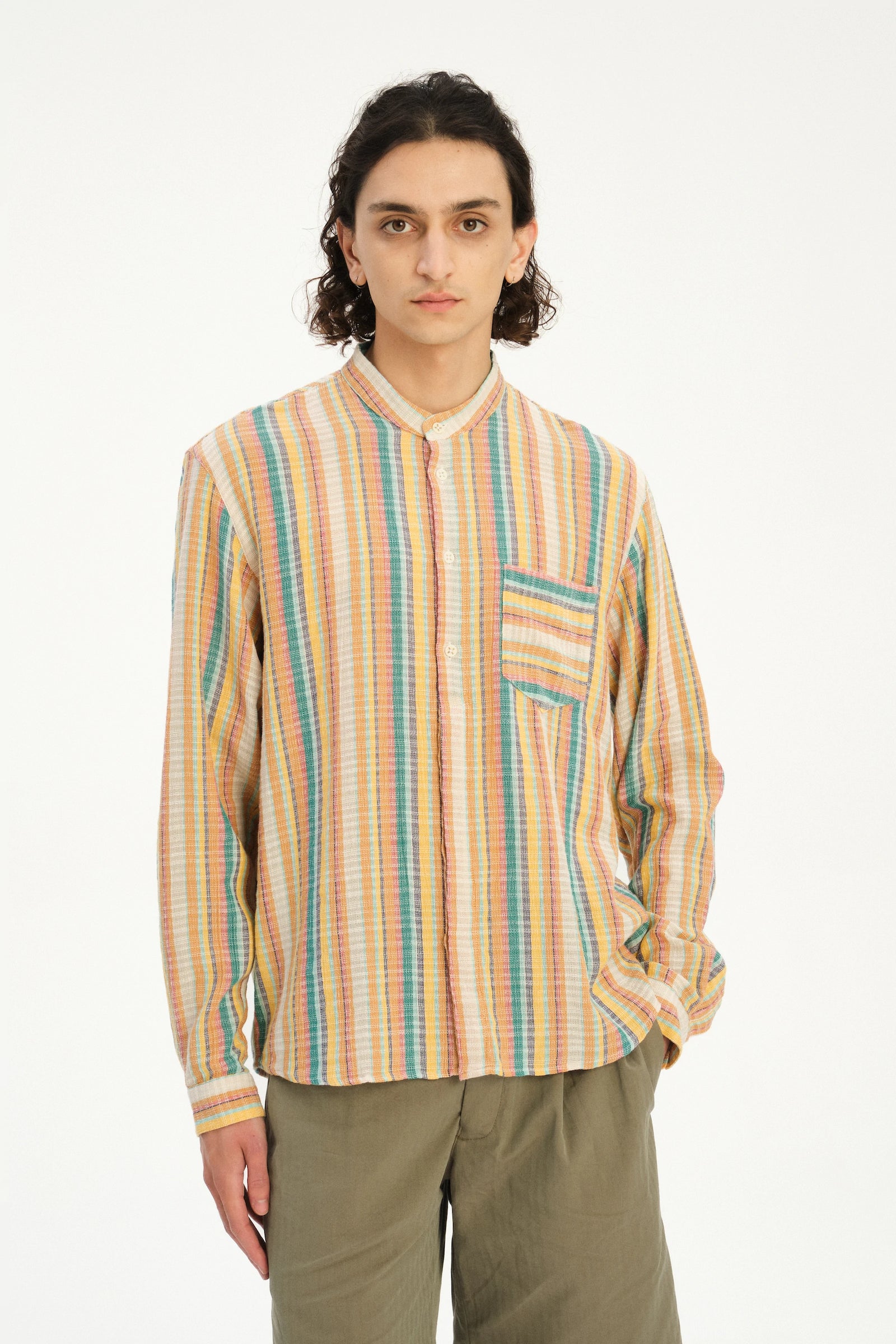 Zen Shirt in a Yellow, Green, and Blue Striped Portuguese Cotton