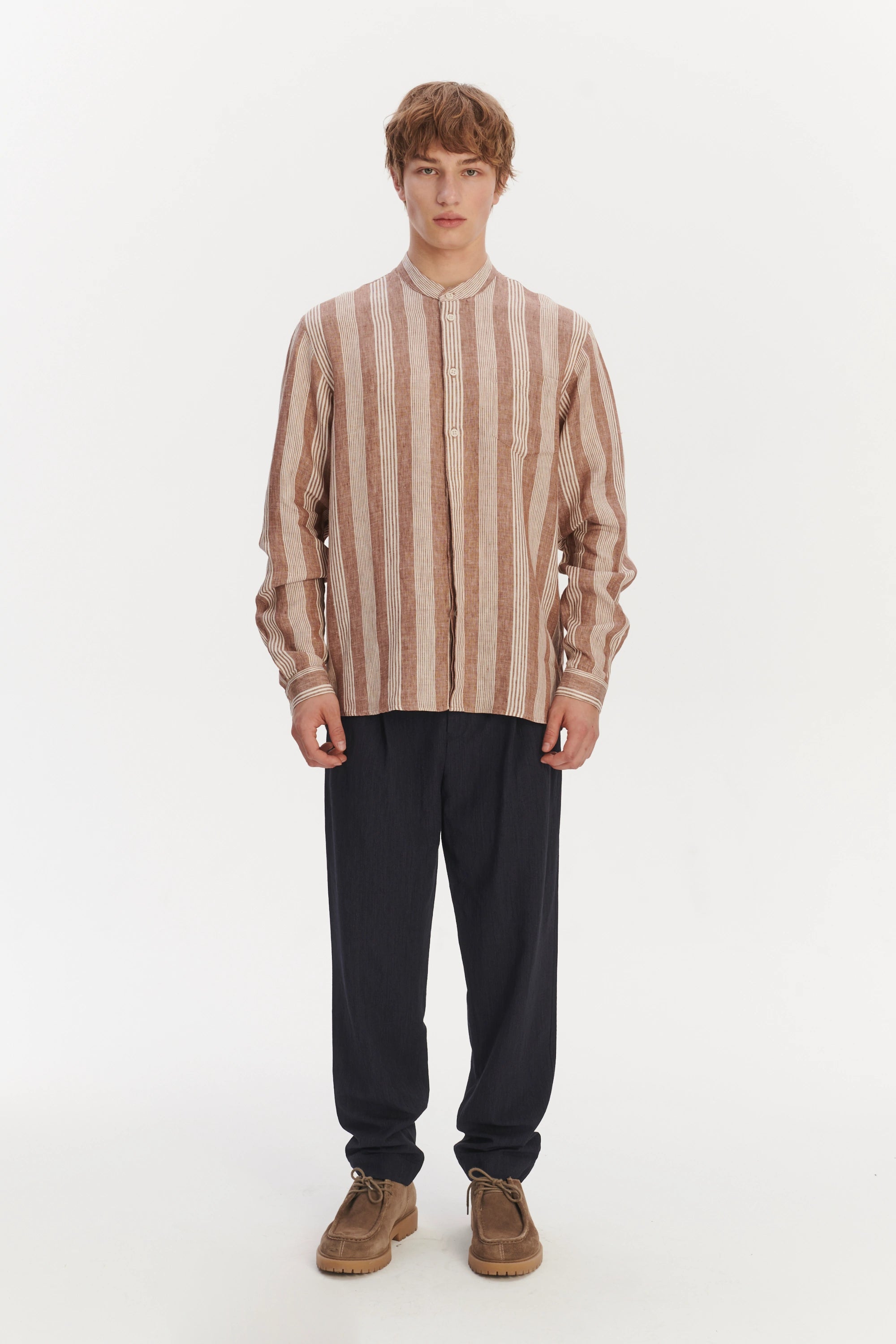 New Zen Grandad Collar Shirt in a Rusty Brown and Beige Striped Italian Linen